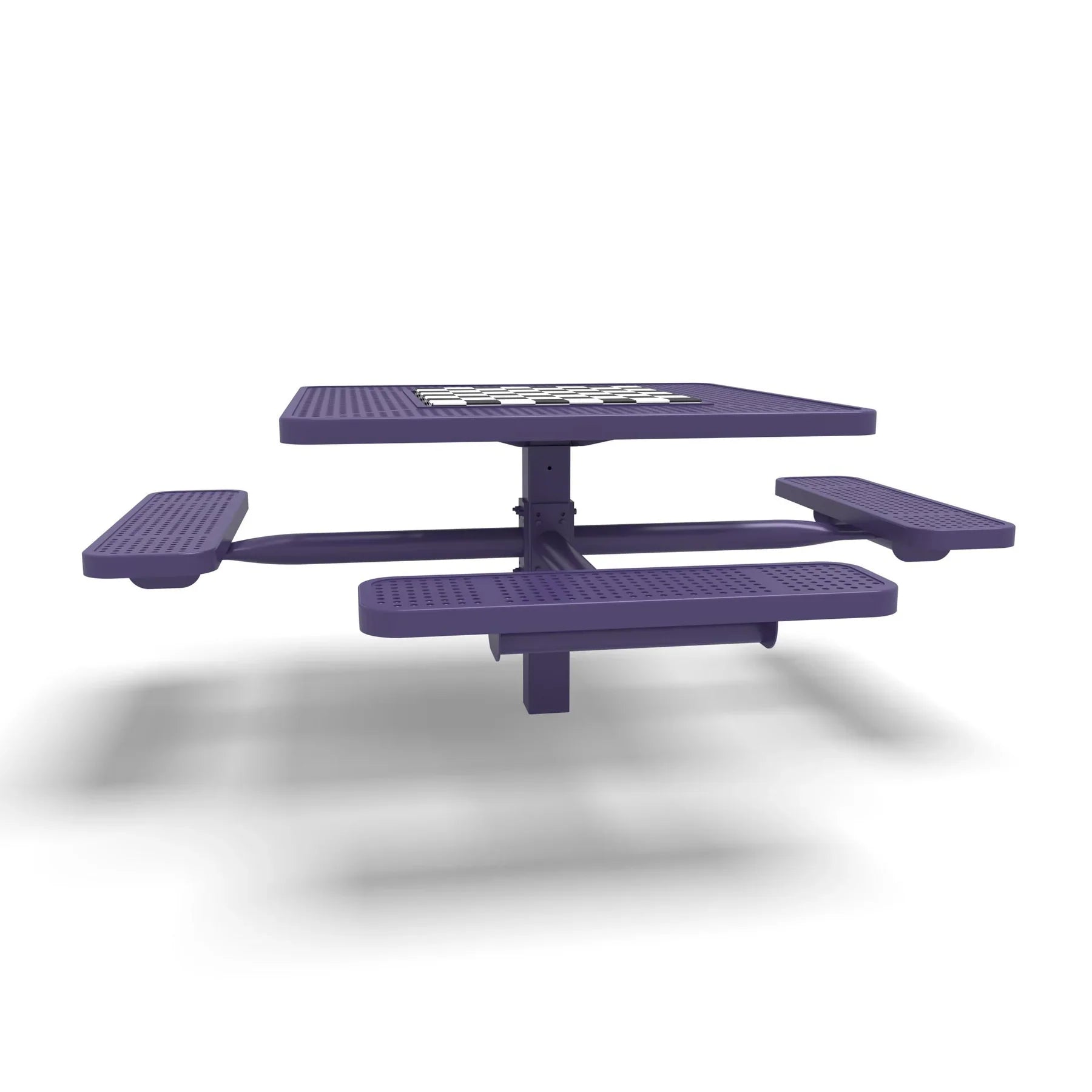 Purple Wabash Valley Signature Square Pedestal Picnic Table, Perforated, Chessboard - ADA Accessible - Inground - 46 Inch, in plastisol-coated steel, model SP230P, outdoor checkers table