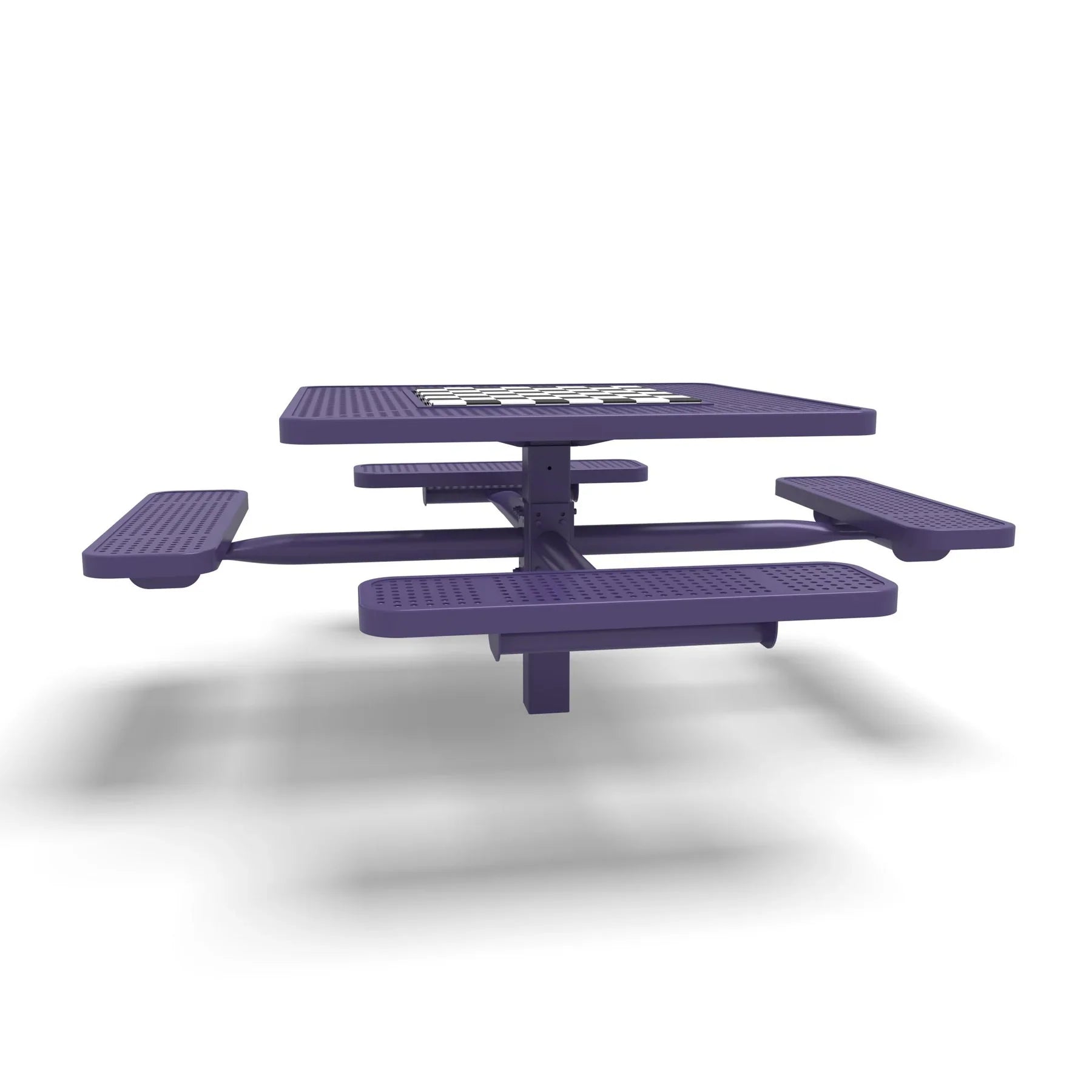Purple Wabash Valley Signature Square Pedestal Picnic Table, Perforated, Chessboard - 4 Seats - Inground - 46 Inch, in plastisol-coated steel, model SP225P, outdoor checkers table