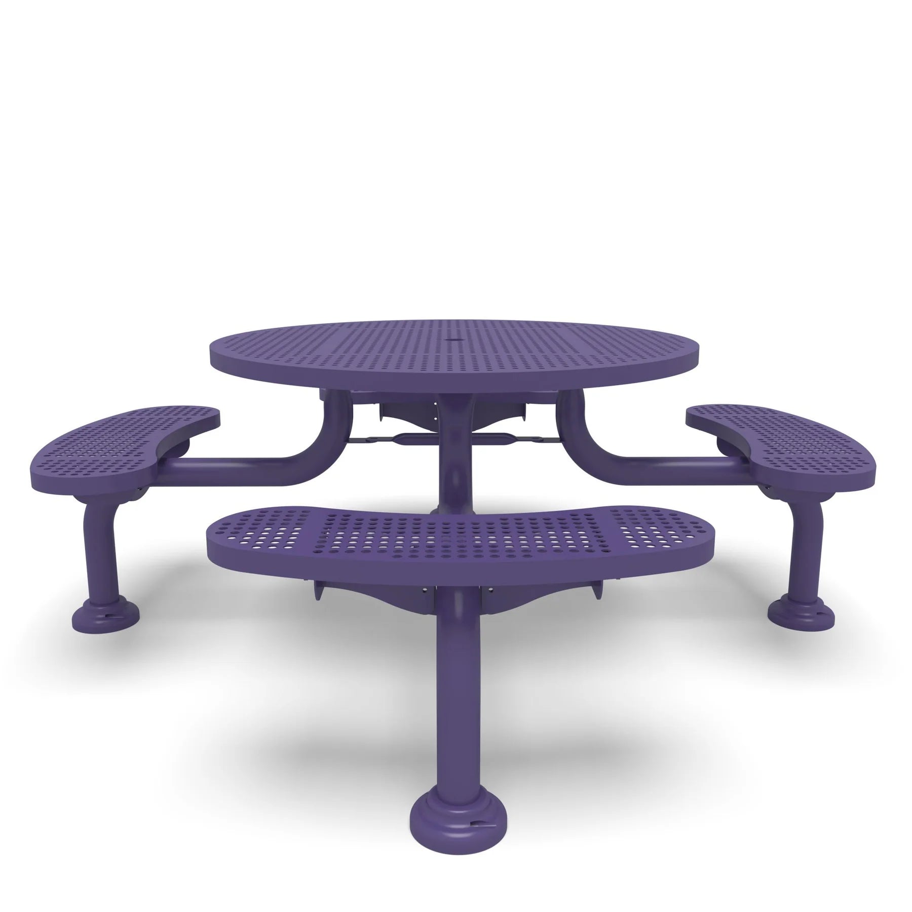 Purple Wabash Valley Spyder Round Picnic Table, Perforated plastisol coated steel, 4 attached seats, model SY110P, round picnic table with attached benches