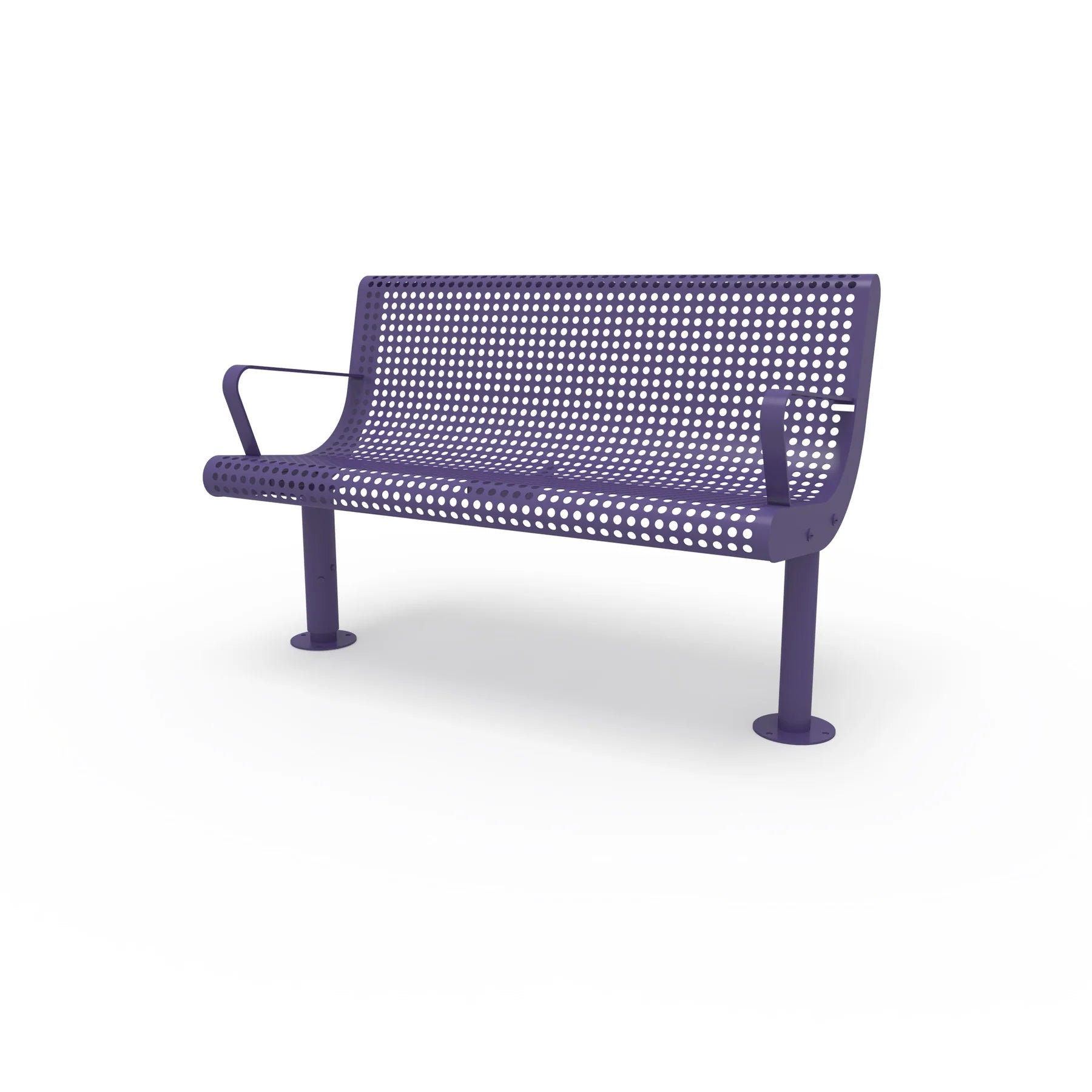 Purple Wabash Valley Steel Transit Bench, With Armrests, 4 ft perforated steel seat and back on adjustable surface mount legs, model TR300P, sidewalk bench