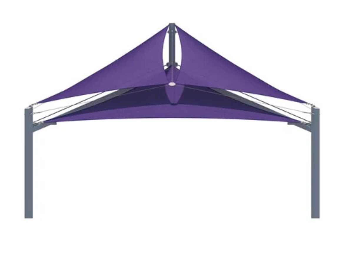 Purple USA Shade Multi-Layer Super Span Pyramid Shade tent with metal frame on a white background