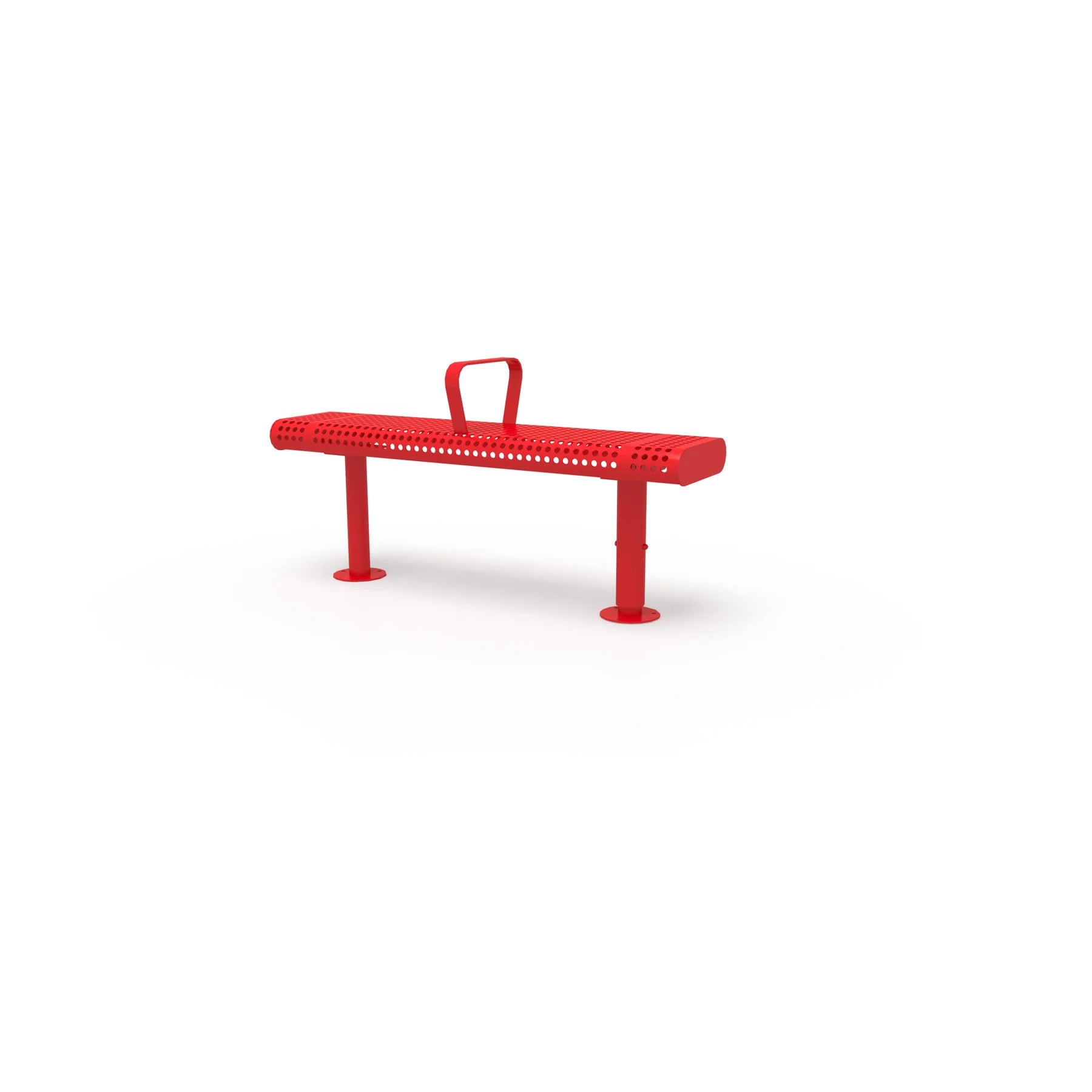 Red Wabash Valley Backless Transit Bench, 1 Armrest, 4 ft perforated steel seat on adjustable surface mount legs, model TR201P, street bench