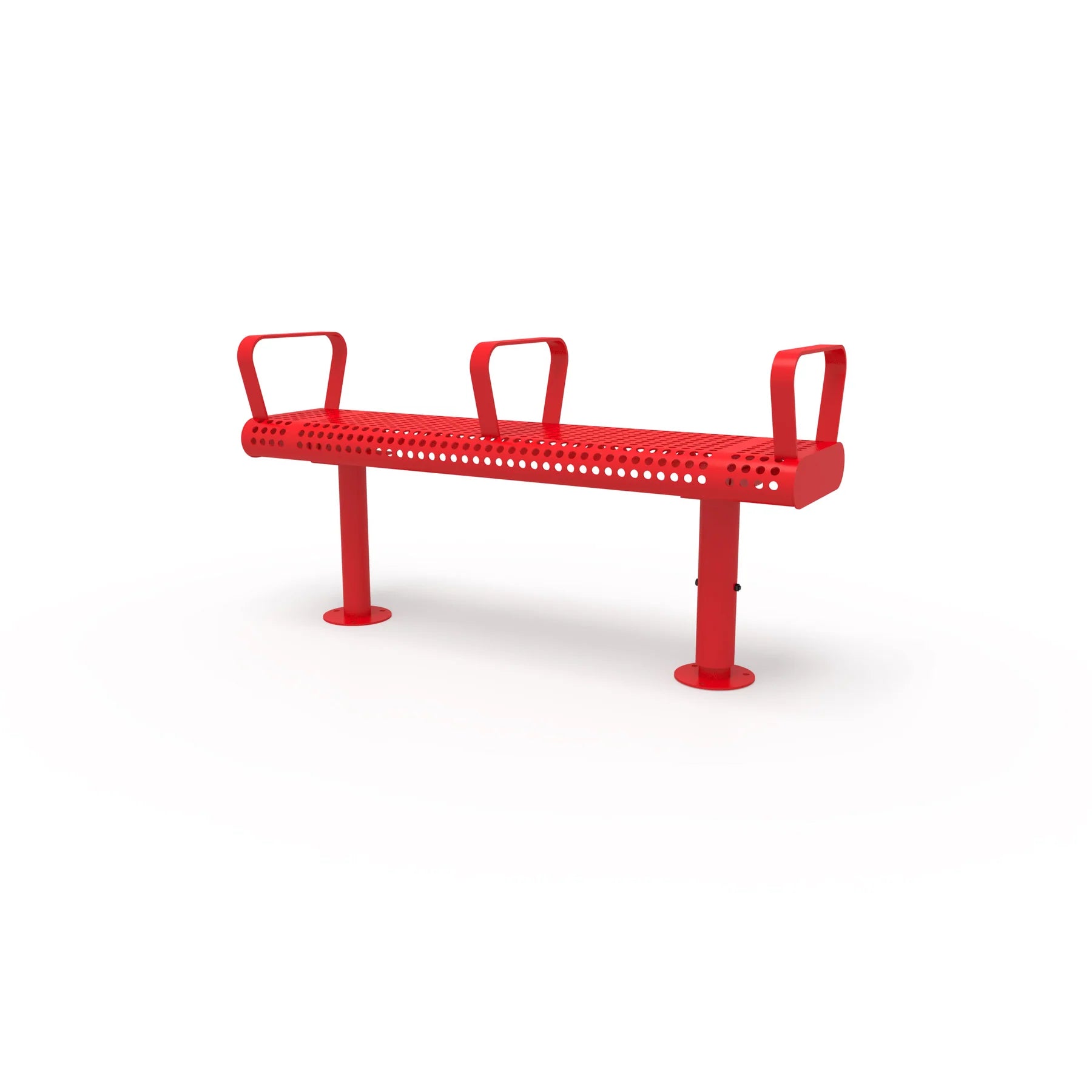 Red Wabash Valley Backless Transit Bench, 3 Armrests, 4 ft perforated steel seat on adjustable surface mount legs, model TR202P, 4 ft bench