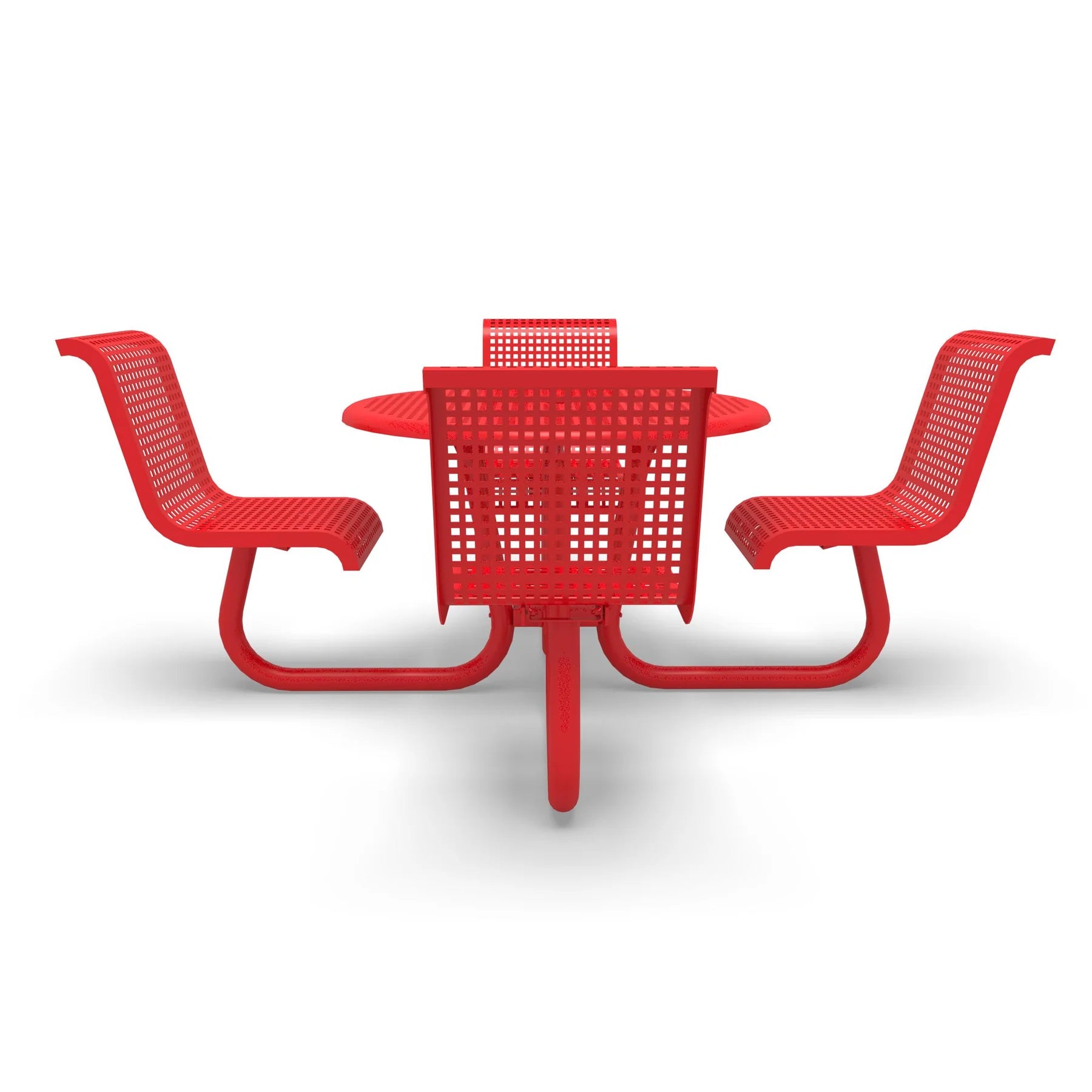 Red Wabash Valley Camino Round Dining Table, Standard, perforated plastisol top, four seats with backs, portable, model CM221Q, picnic table with backrest