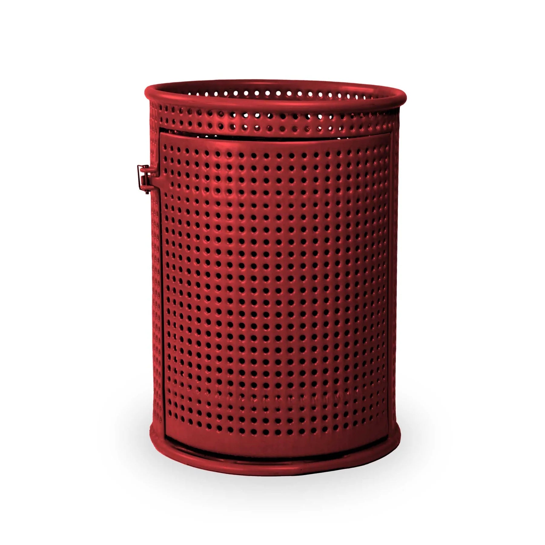 Red Wabash Valley Commercial Trash Receptacle w/ Side Opening, perforated body with a side door, plastisol coated, model LR305P, front loading trash can