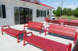 Red Wabash Valley Contemporary Slatted Steel Backless Benches Surface Mount grouped with back benches outside a storefront, backless outdoor bench seating