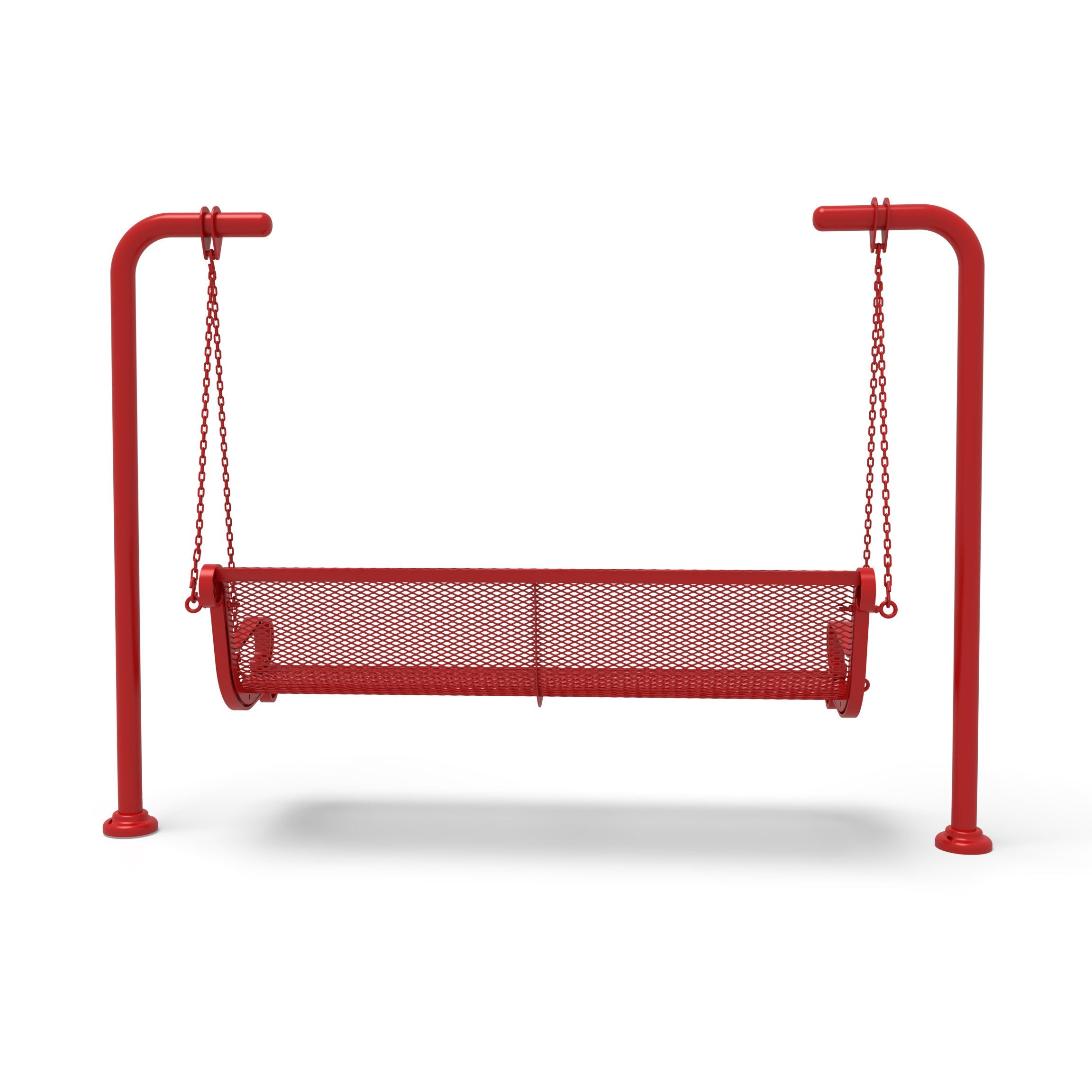 Red Wabash Valley Estate Diamond Swing Bench, back view, plastisol-coated steel seat on inground posts, heavy duty swing frame set in concrete
