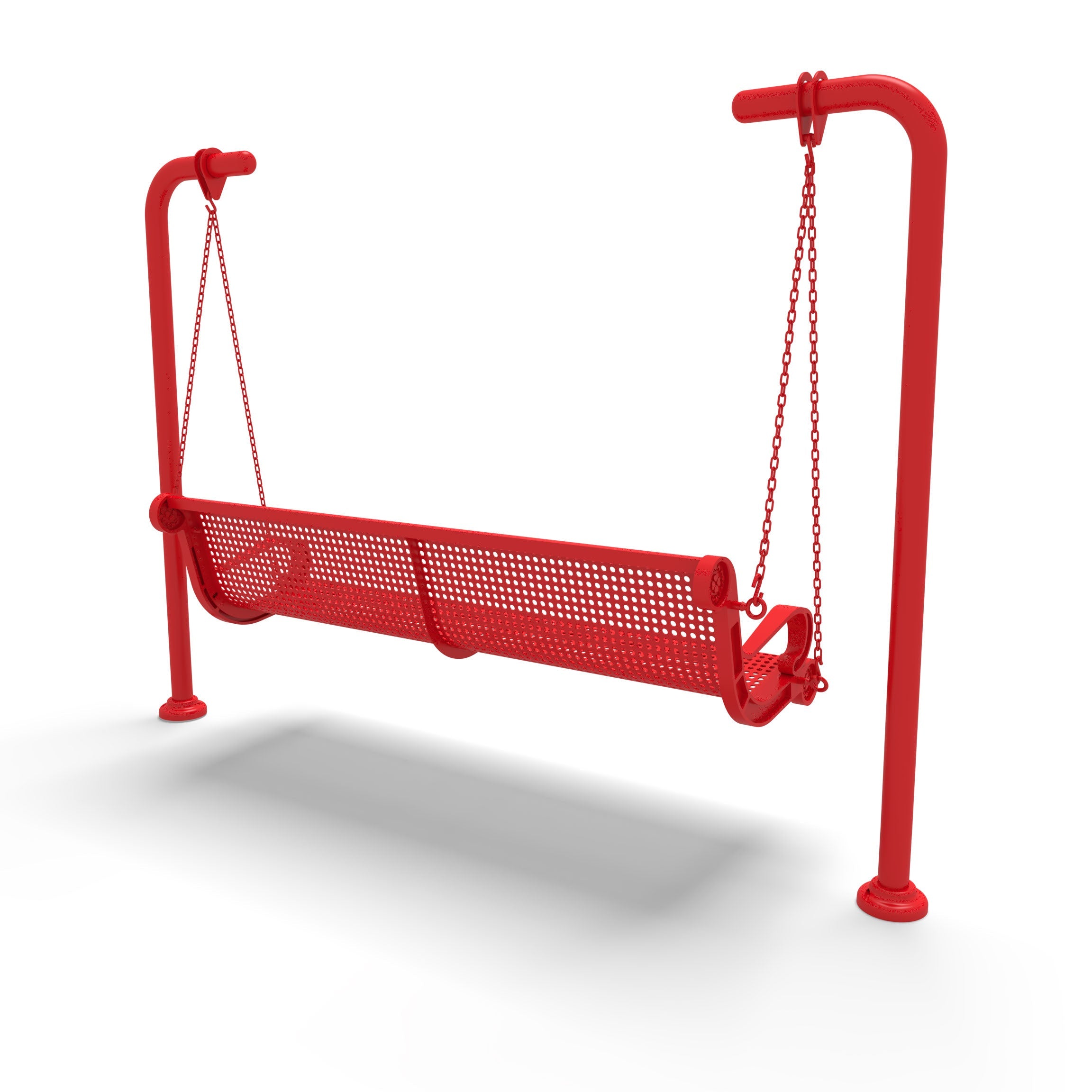 Red Wabash Valley Estate Perforated Swing Bench, back side angle, plastisol-coated steel seat on inground posts, patio swing bench