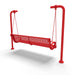 Red Wabash Valley Estate Perforated Swing Bench, back side angle, plastisol-coated steel seat on inground posts, patio swing bench