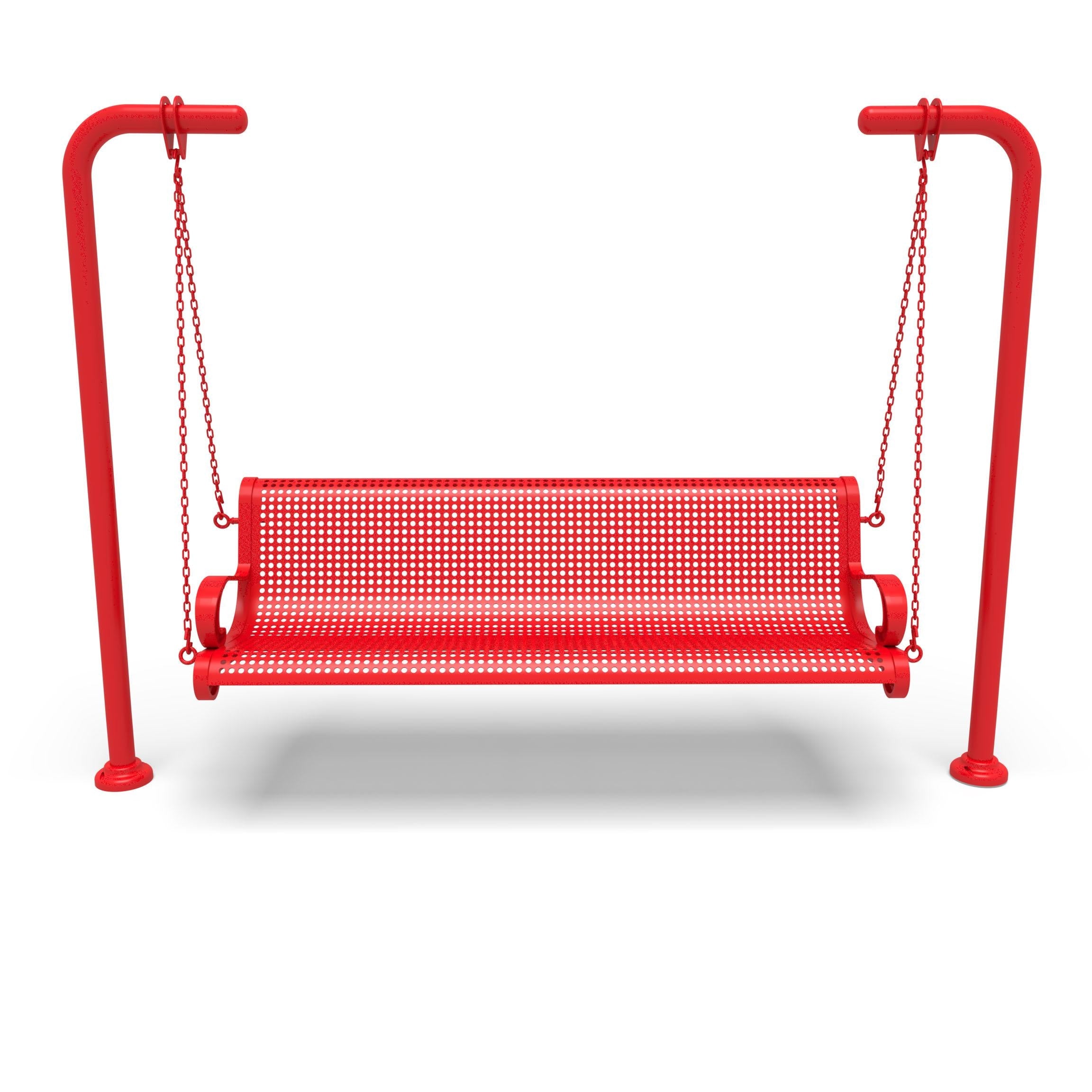 Red Wabash Valley Estate Perforated Swing Bench, front view, plastisol-coated steel seat on inground posts, garden swing bench