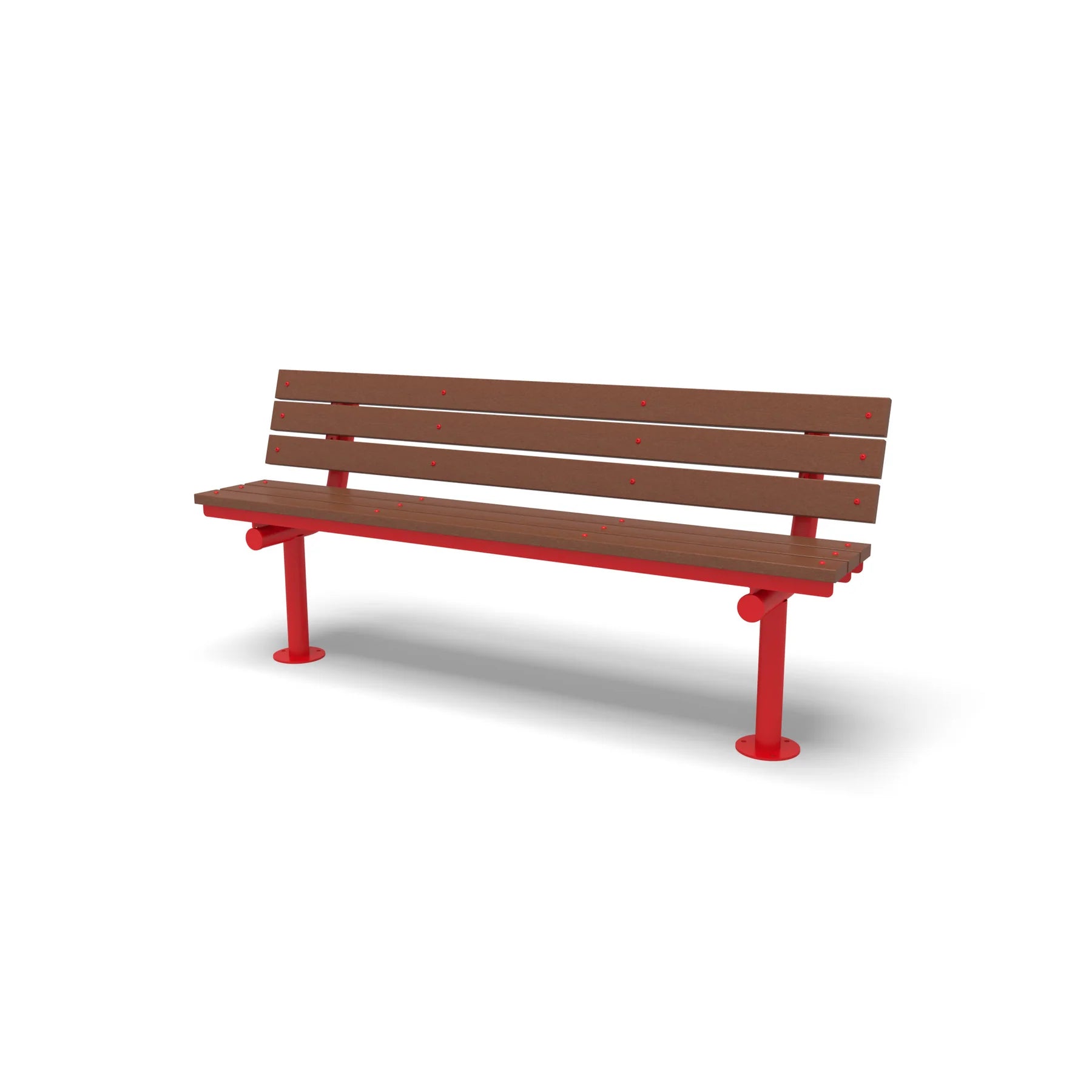 Red Wabash Valley Rinnova Recycled Plastic Bench with Cedar planks, Surface Mount base plates, commercial outdoor benches