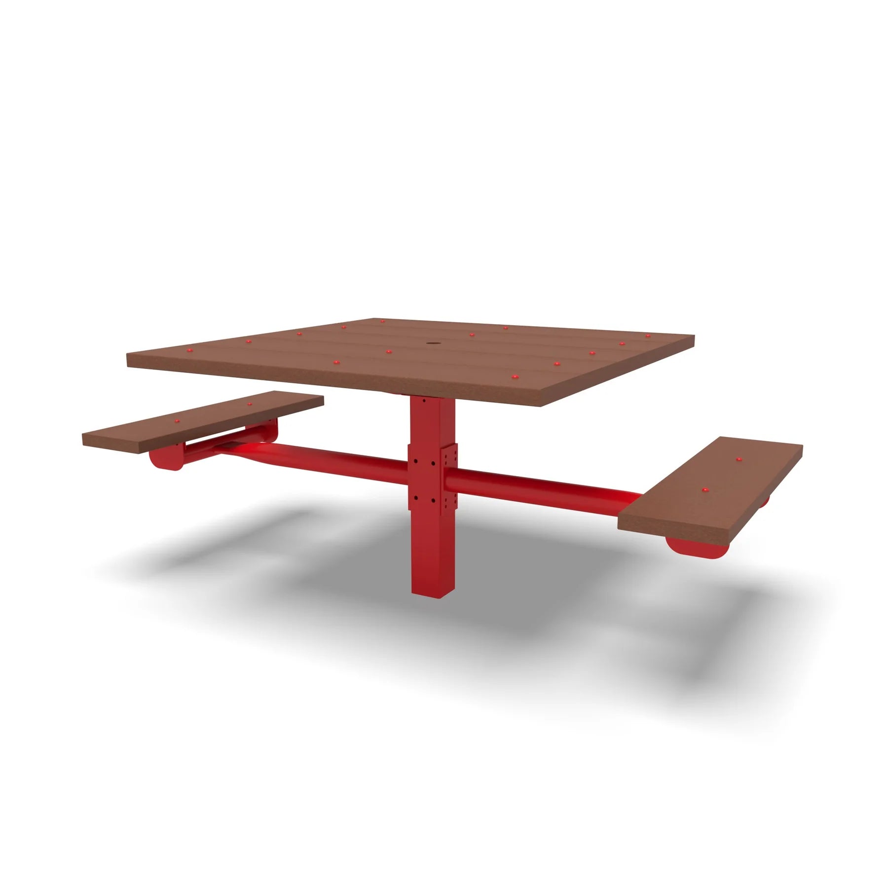 Red Wabash Valley Rinnova Square Picnic Table, 2 Seats + 2 Wheelchair Spaces, Inground, Cedar recycled plastic planks, food court table
