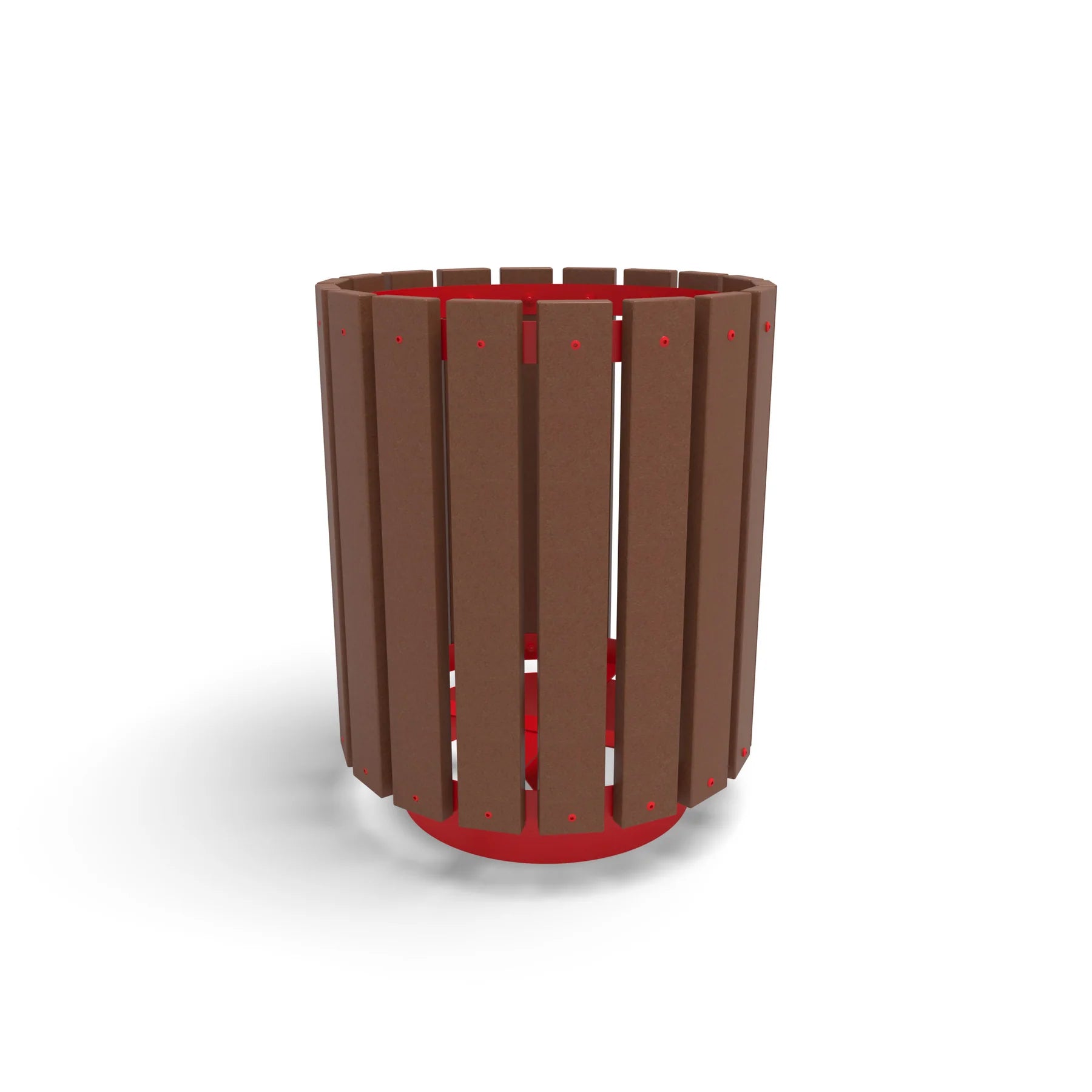 Red Wabash Valley Rinnova Trash Receptacle, Cedar Slats, recycled plastic planks on a red powder-coated steel frame, model RV300G, recycled plastic trash receptacle