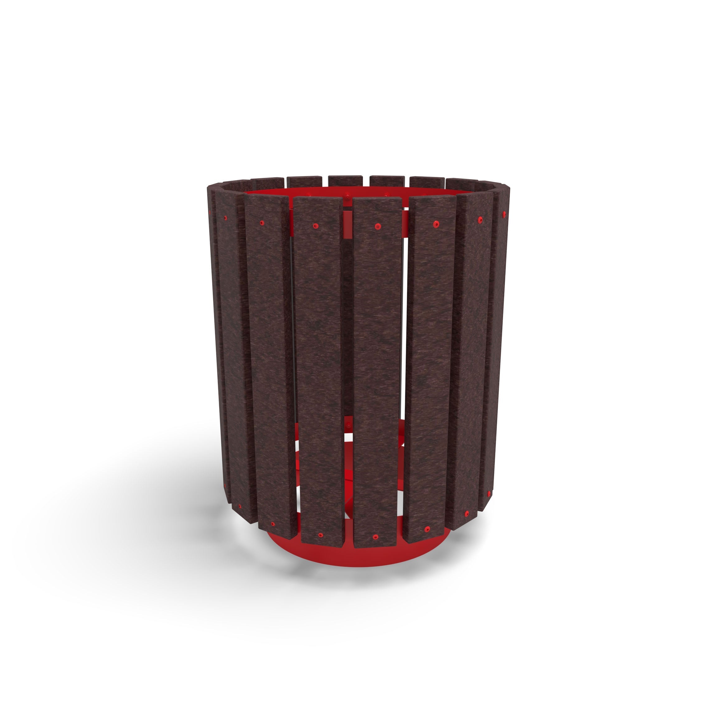 Red Wabash Valley Rinnova Trash Receptacle, Milwaukee Brown Slats, recycled plastic planks on a red powder-coated steel frame, model RV300G, eco friendly trash can