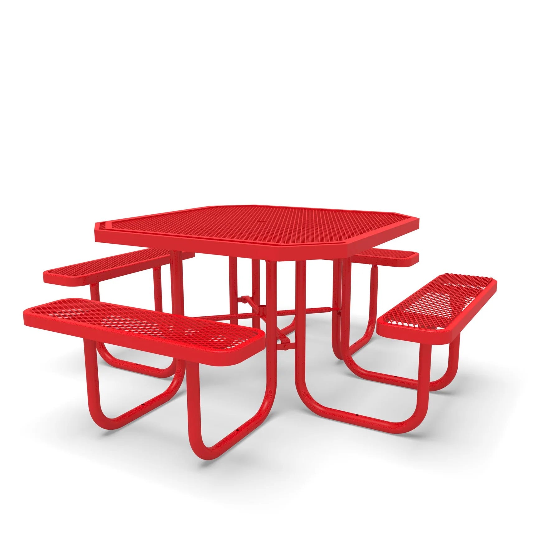 Red Wabash Valley Signature Octagon Diamond Metal Portable Picnic Table, solid red frame, top and seats, plastisol-coated steel, pool deck table