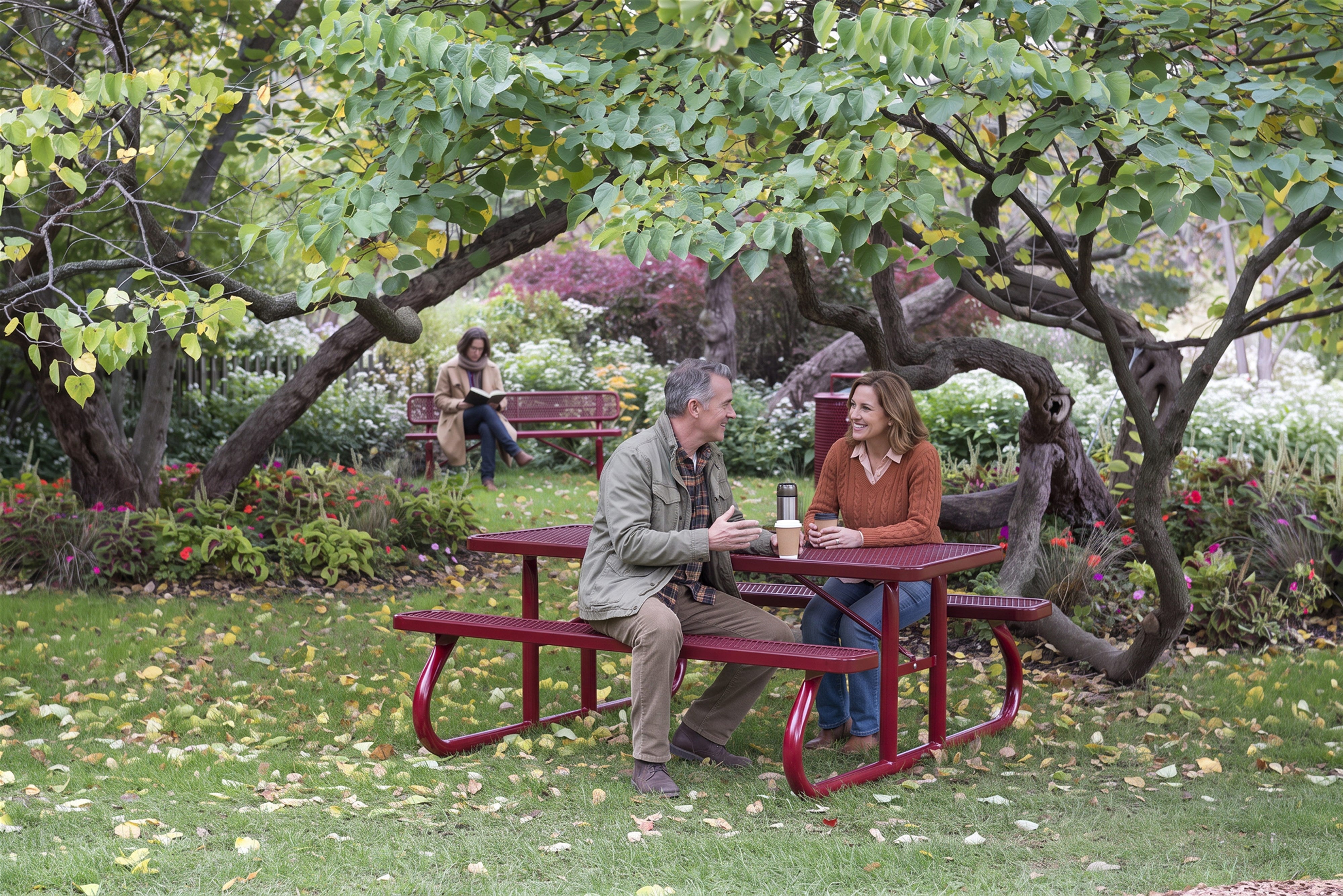 Two adults sharing coffee at a Red Wabash Valley Signature Portable Picnic Table in a garden, outdoor lunch table