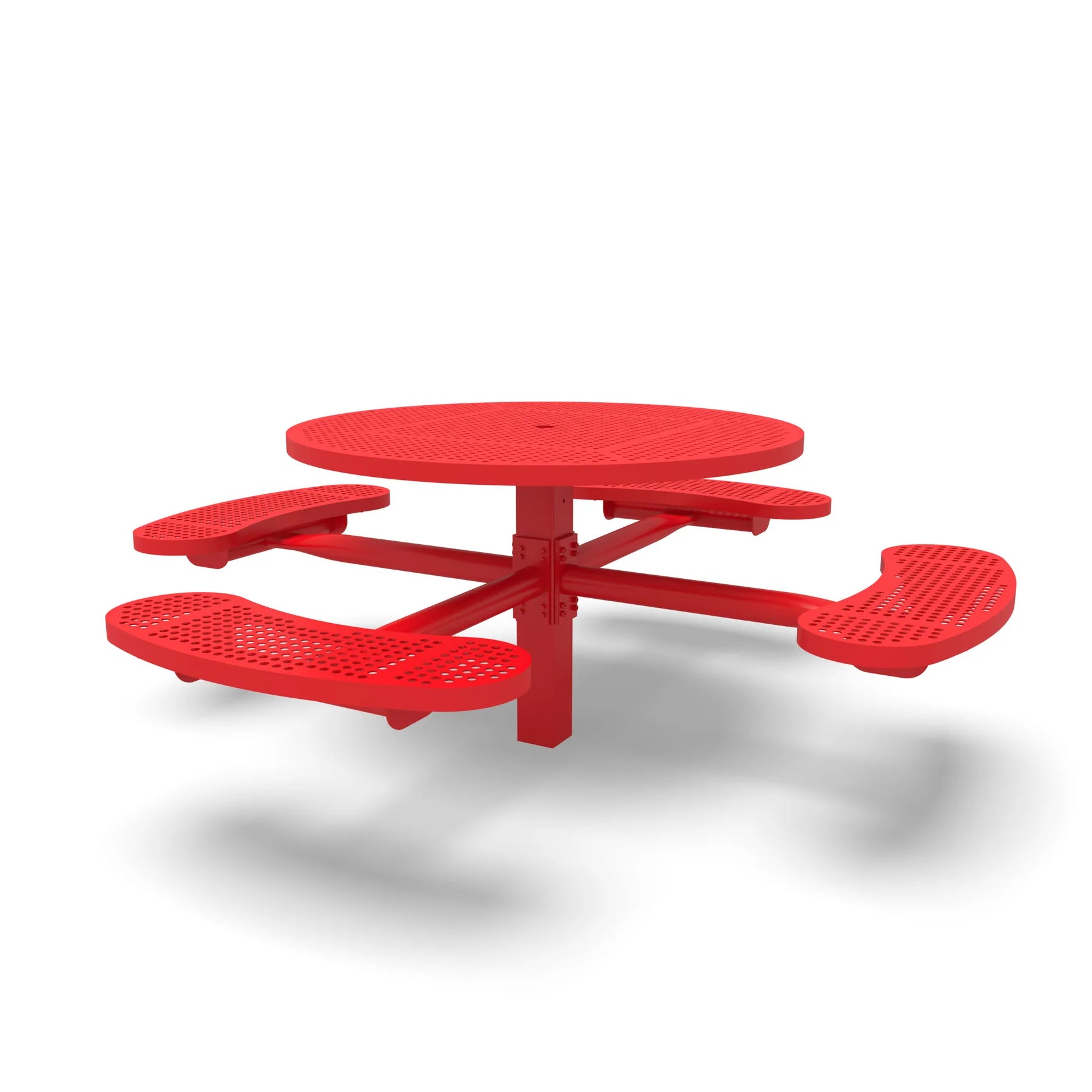 Red Wabash Valley Signature Round Pedestal Picnic Table, Perforated, Standard - 4 Seats - Inground, in plastisol-coated steel, model SG245P, commercial patio furniture