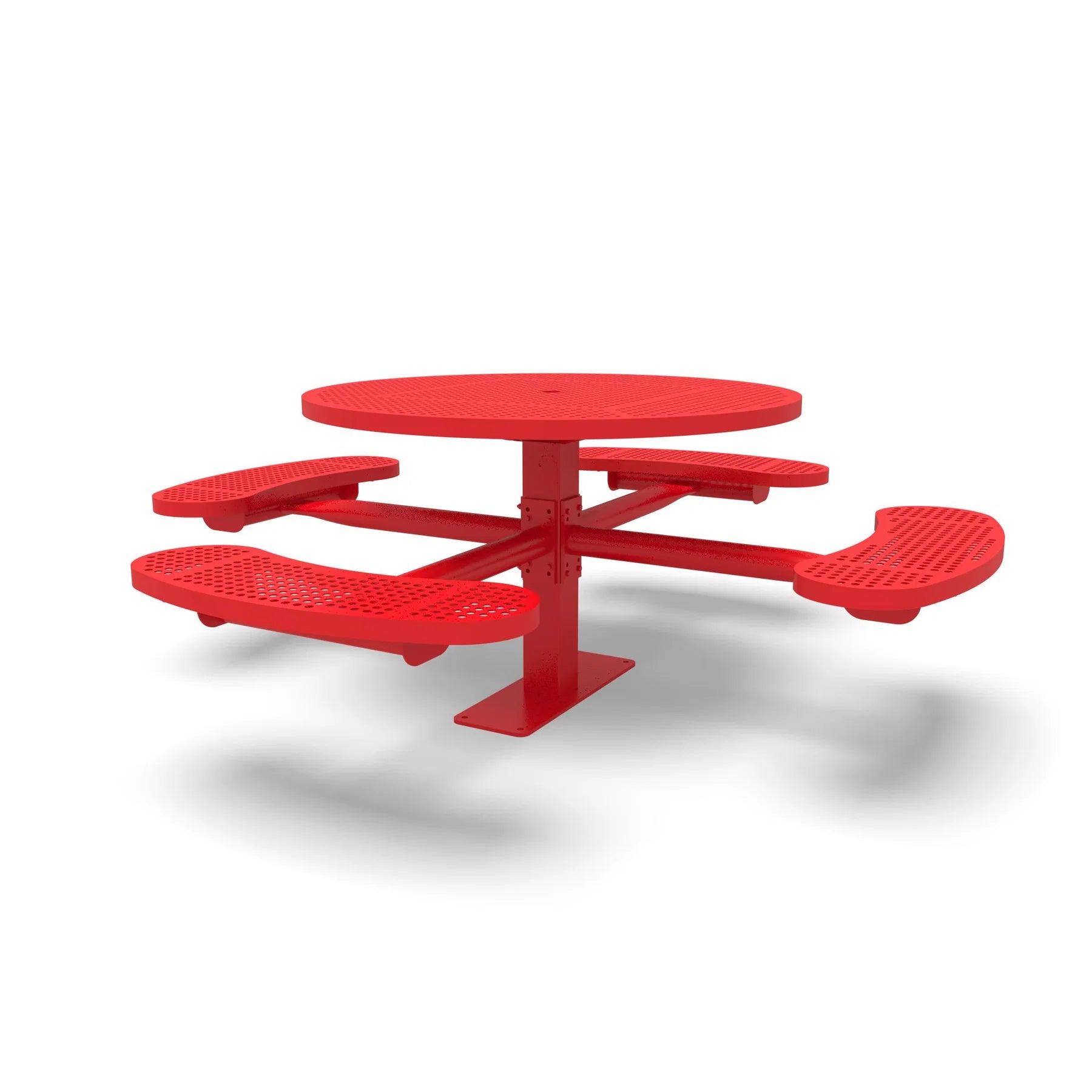 Red Wabash Valley Signature Round Pedestal Picnic Table, Perforated, Standard - 4 Seats - Surface Mount, in plastisol-coated steel, model SG244P, outdoor cafe tables