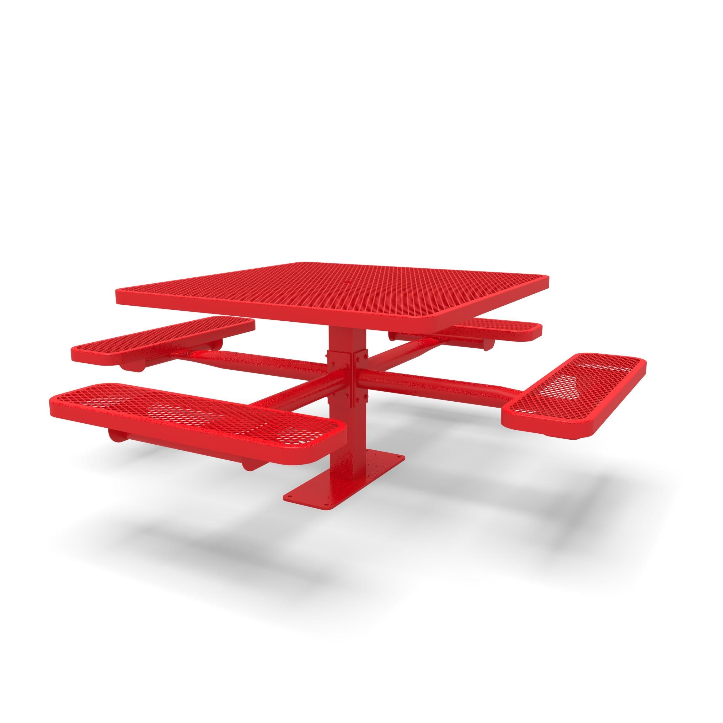 Red Wabash Valley Signature Square Pedestal Picnic Table, Diamond, Standard - 4 Seats - Surface Mount - 46 Inch, in plastisol-coated steel, model SG229D, business patio furniture
