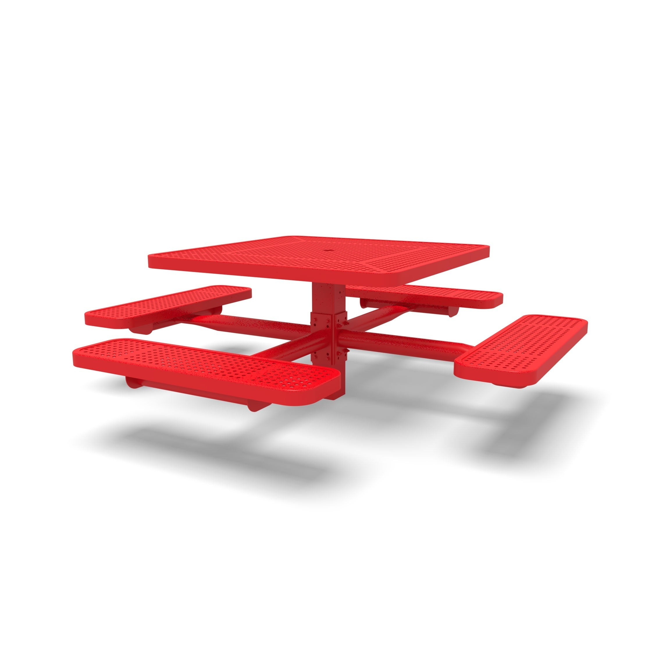Red Wabash Valley Signature Square Pedestal Picnic Table, Perforated, Standard - 4 Seats - Inground - 40 Inch, in plastisol-coated steel, model SG215P, square metal patio table