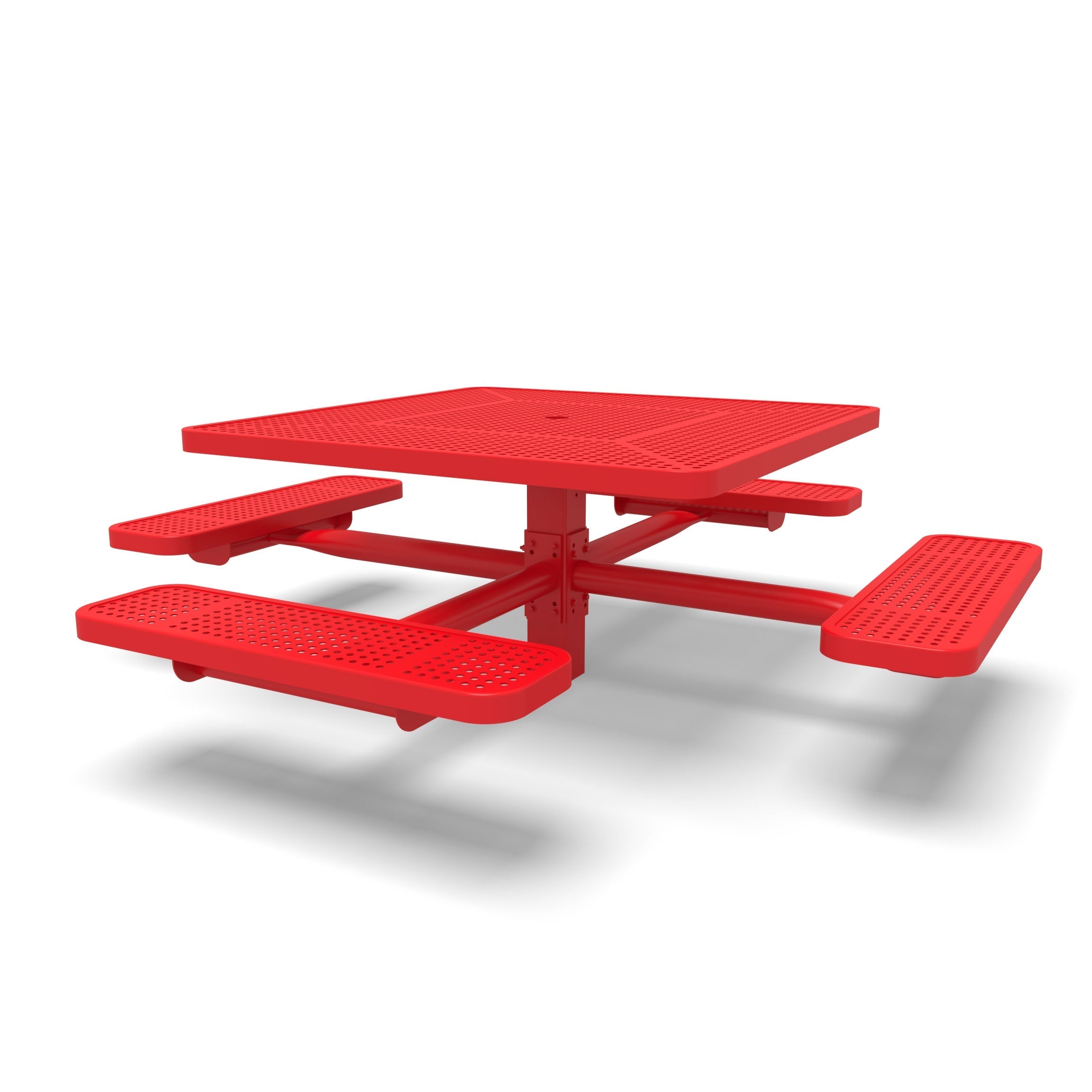 Red Wabash Valley Signature Square Pedestal Picnic Table, Perforated, Standard - 4 Seats - Inground - 46 Inch, in plastisol-coated steel, model SG230P, square metal patio table