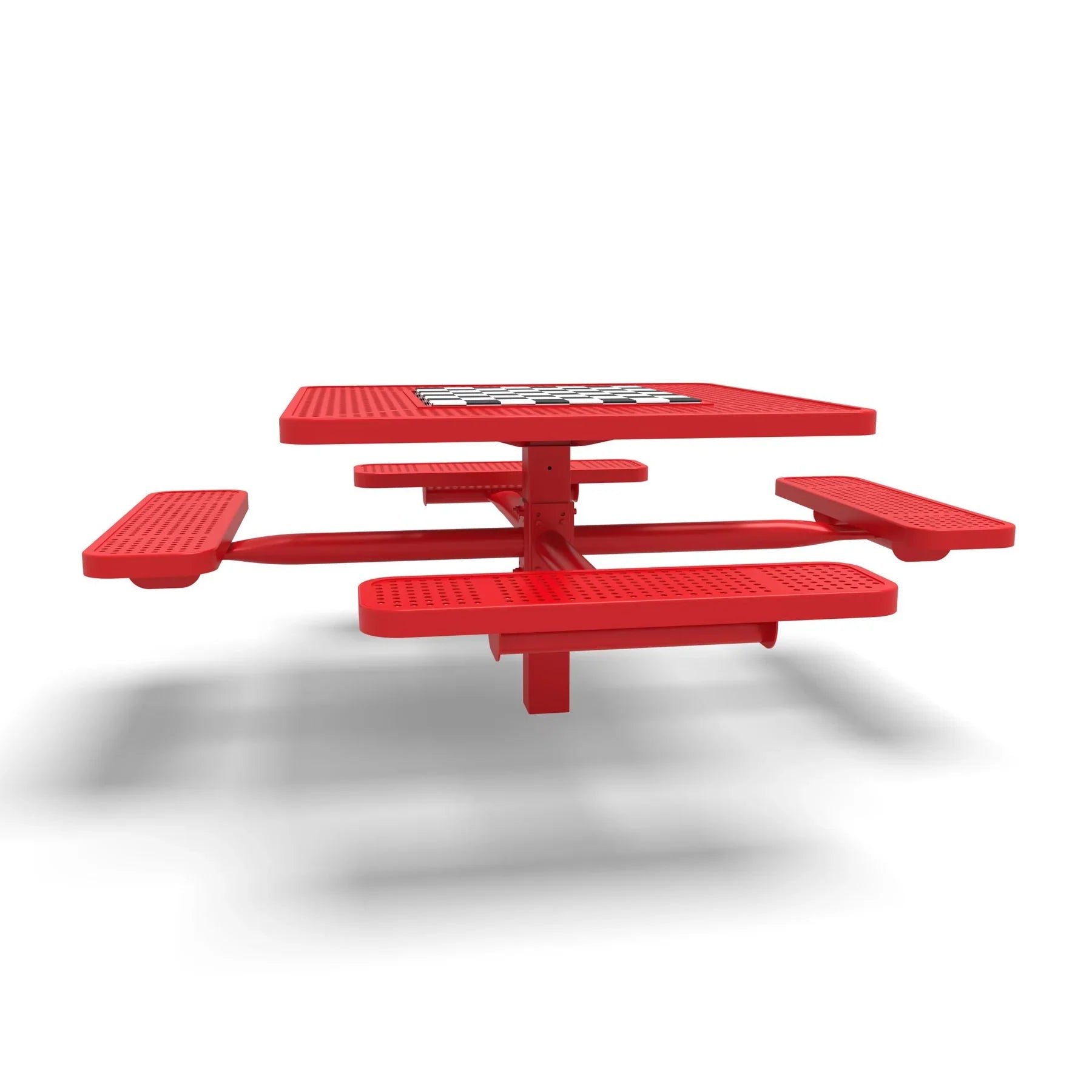 Red Wabash Valley Signature Square Pedestal Picnic Table, Perforated, Chessboard - 4 Seats - Inground - 46 Inch, in plastisol-coated steel, model SP225P, outdoor checkers table