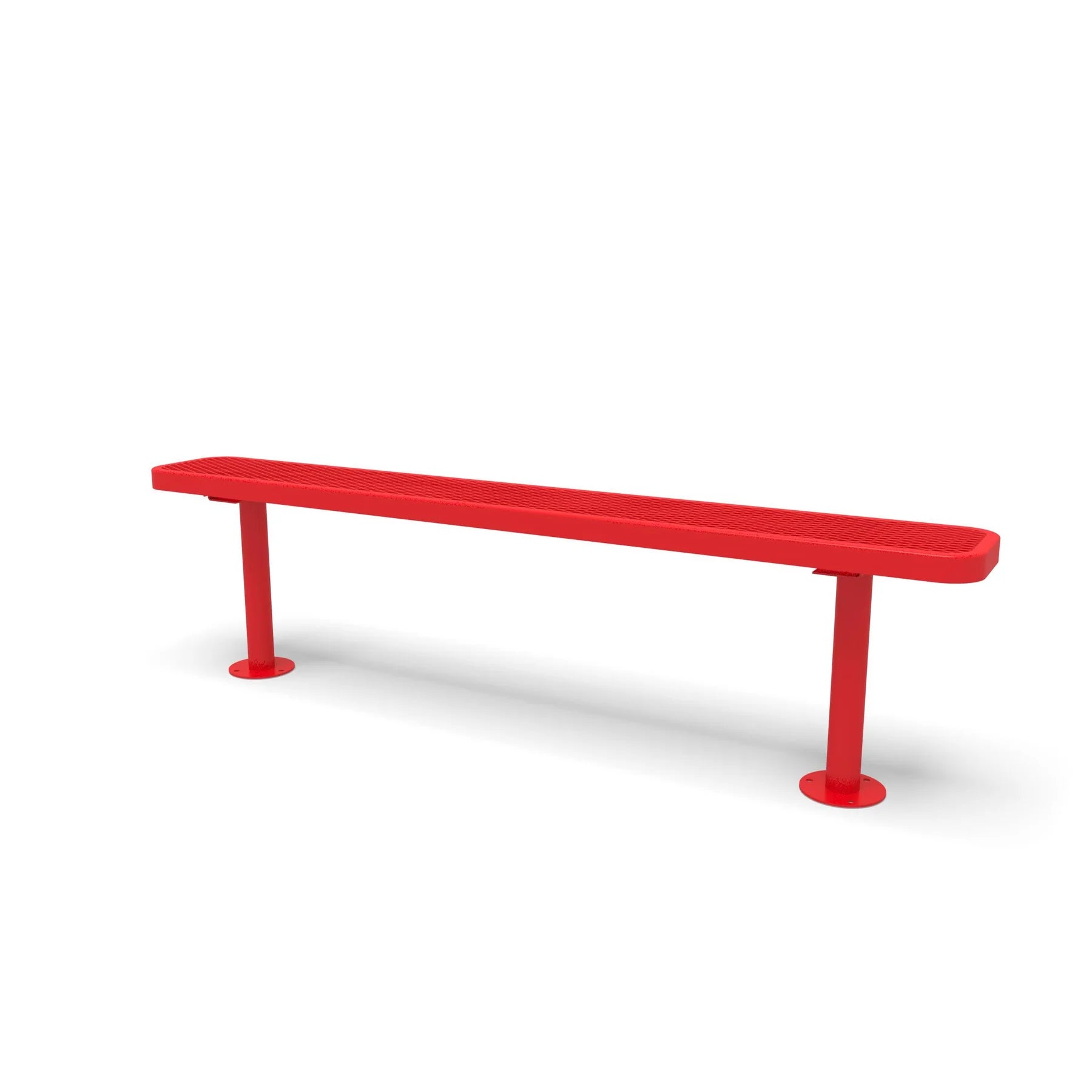 Red Wabash Valley Signature Steel Backless Bench, Diamond, 6' Surface Mount base plates, solid red, plastisol-coated steel, outdoor seating bench