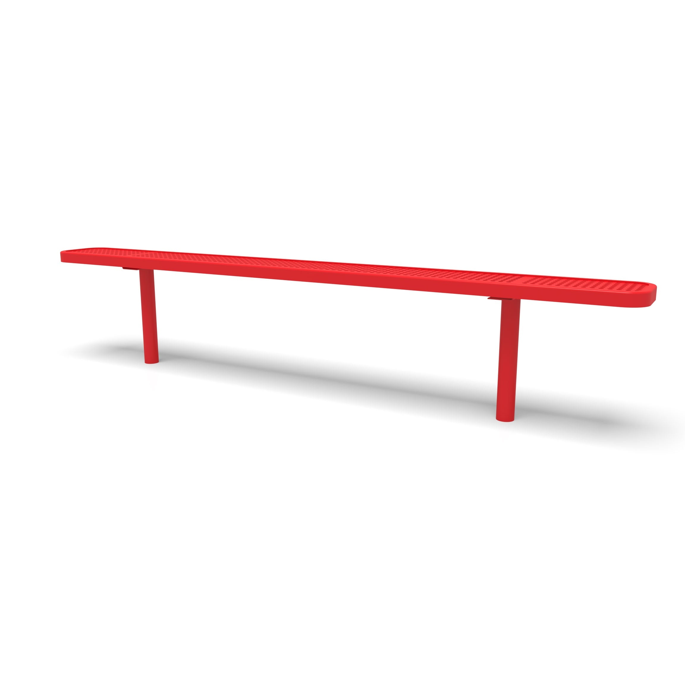 Red Wabash Valley Signature Steel Backless Bench, Perforated, 8' Inground posts, solid red, plastisol-coated steel, long outdoor bench