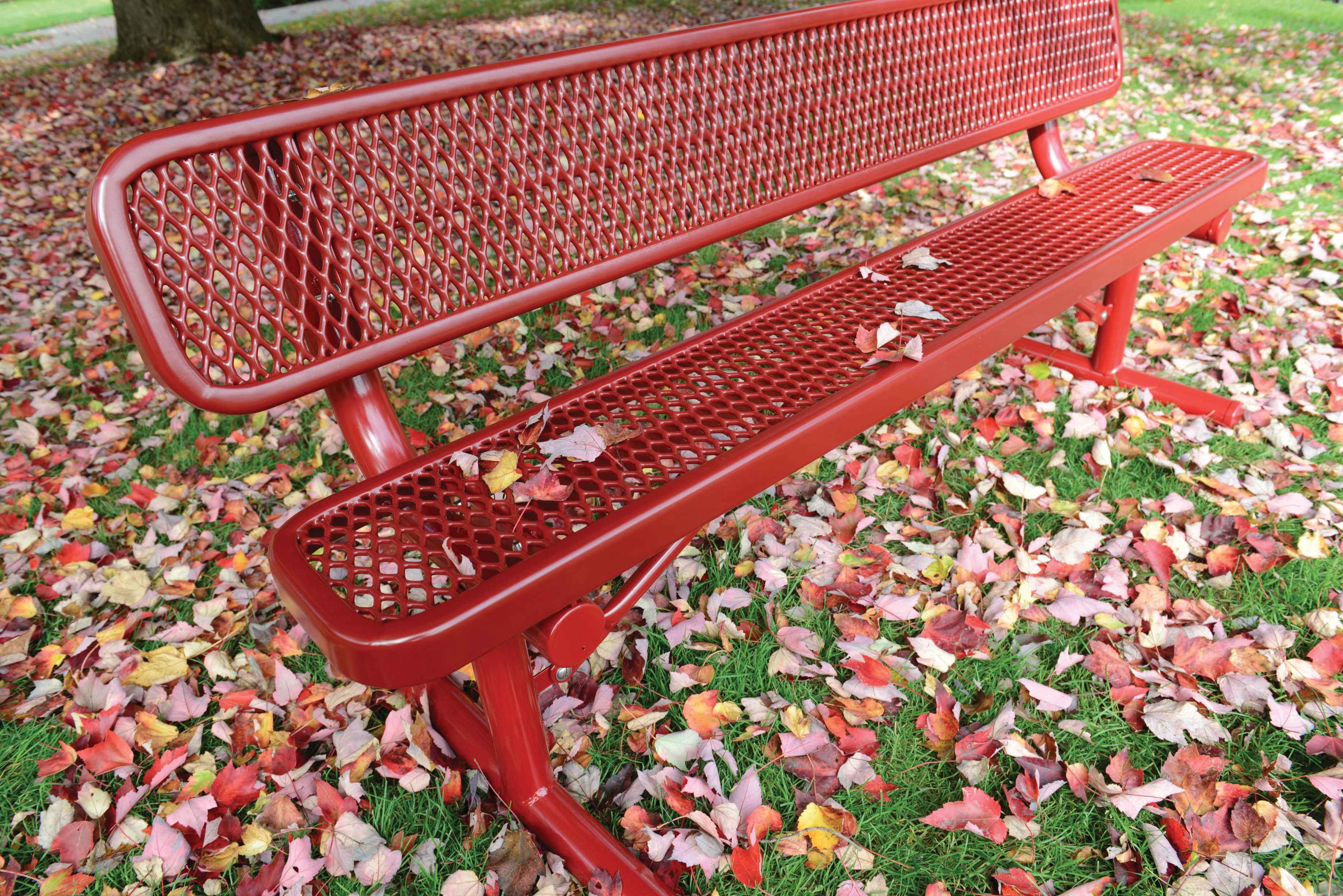 Red Wabash Valley Signature Steel Bench, Diamond seat and back, portable frame with braces, in fall leaves, expanded metal bench