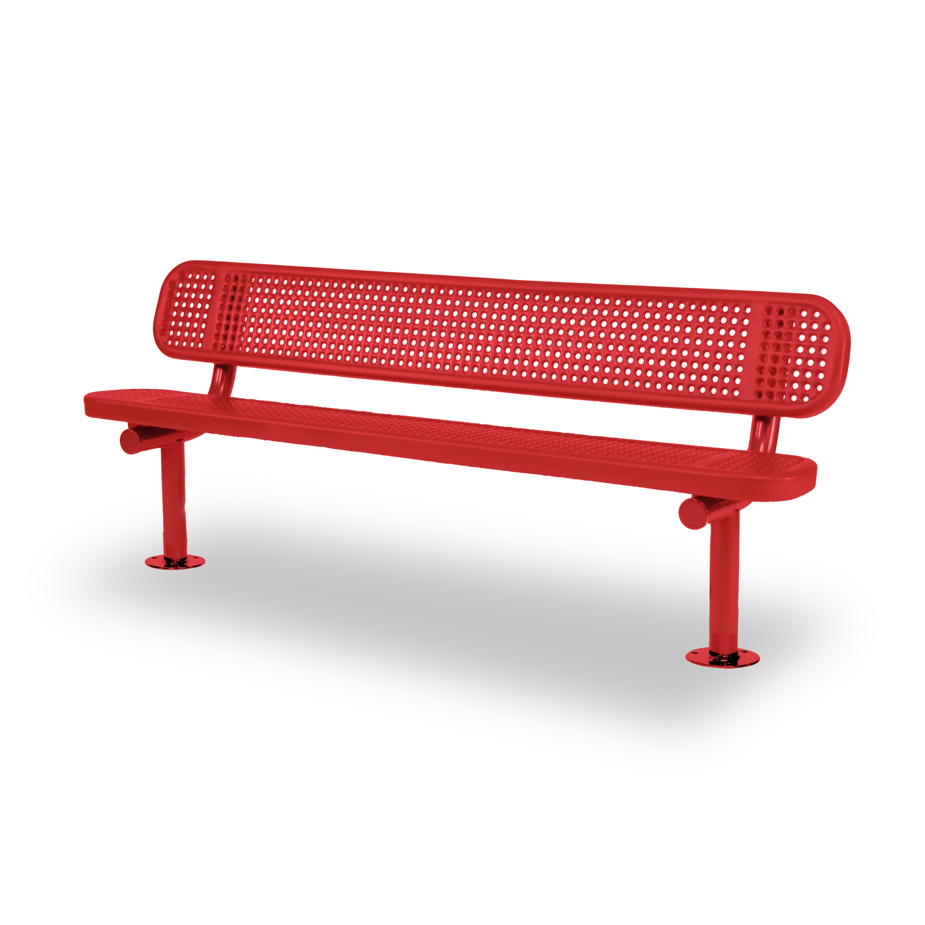 Red Wabash Valley Signature Steel Bench, Perforated seat and back, Surface Mount base plates, outdoor bench with back
