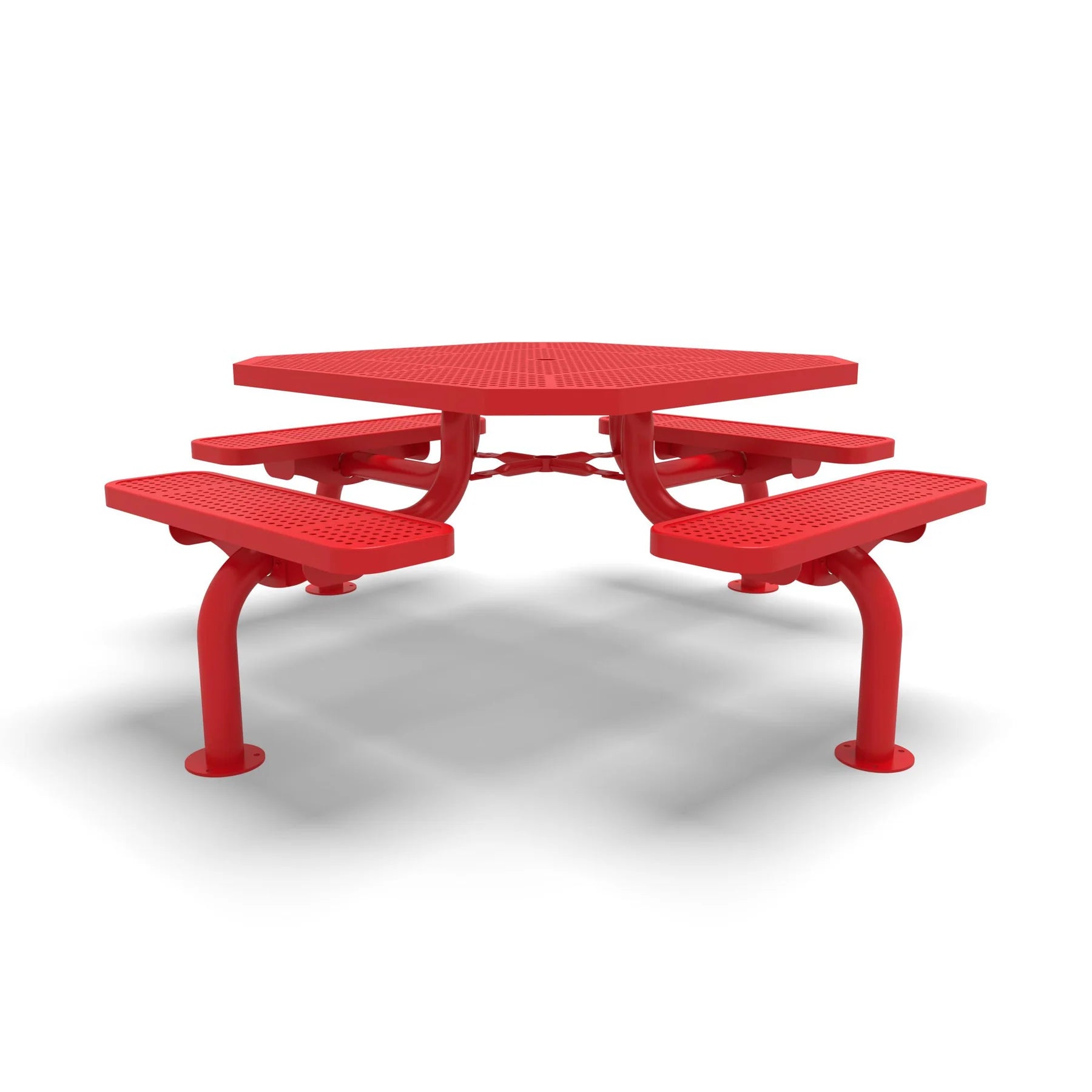 Red Wabash Valley Spyder Octagon 46 inch Picnic Table, Perforated plastisol coated steel, 4 attached seats, model SY125P, octagon shaped picnic table
