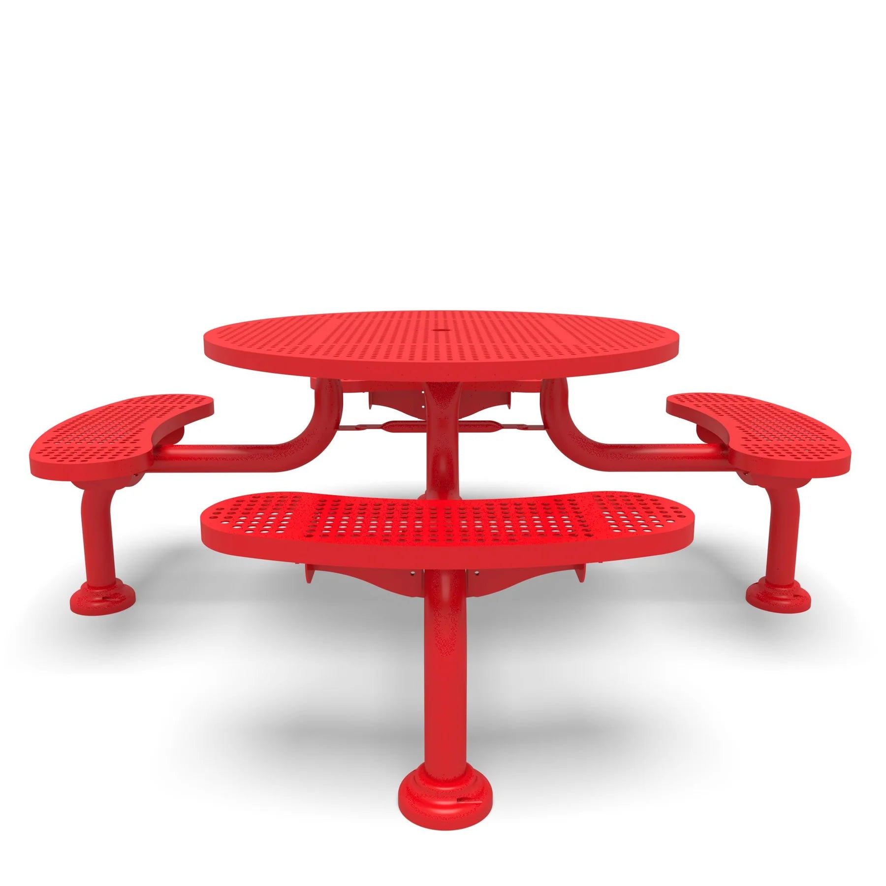 Red Wabash Valley Spyder Round Picnic Table, Perforated plastisol coated steel, 4 attached seats, model SY110P, 46 inch round table