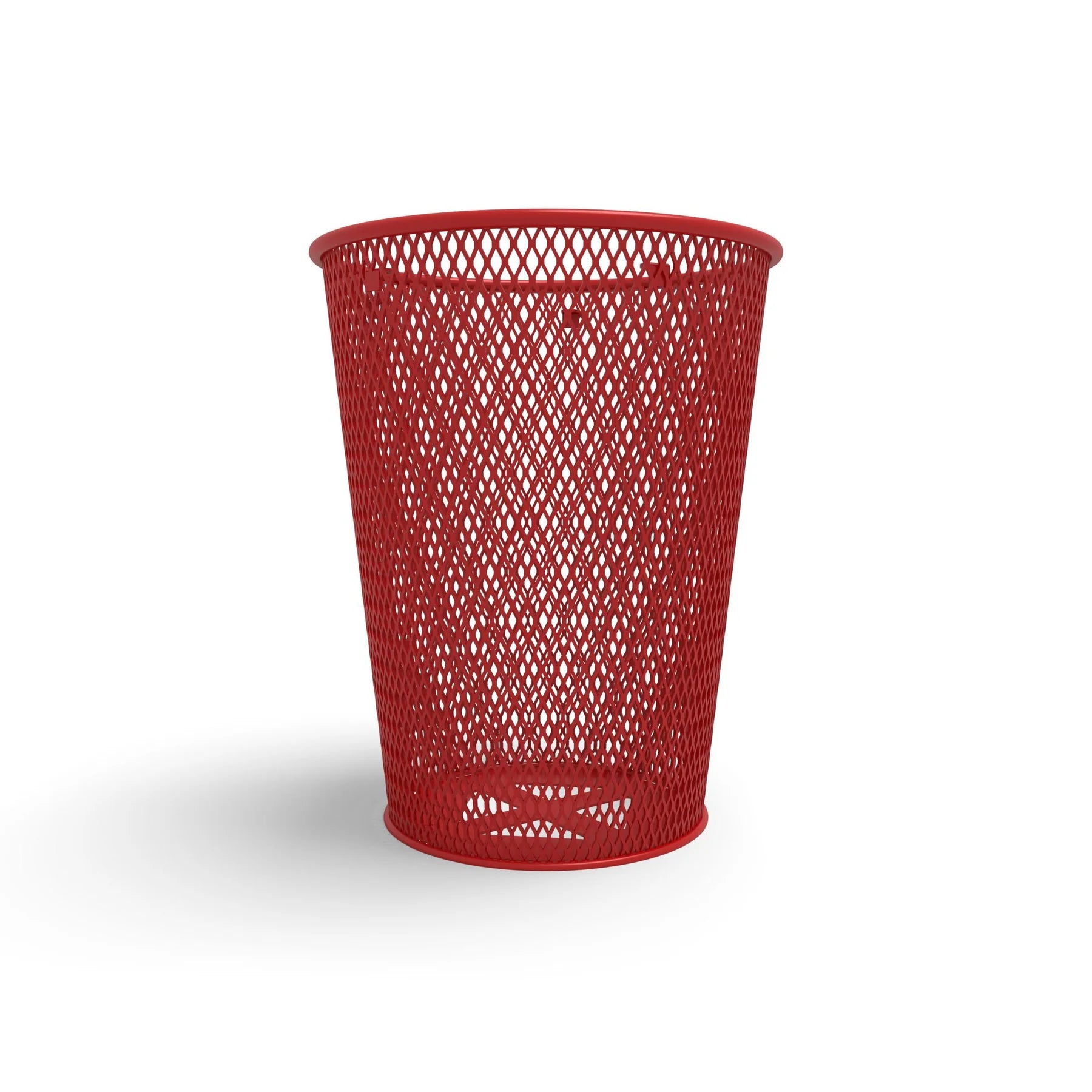 Red Wabash Valley Tapered Trash Receptacle, tapered diamond expanded metal body, plastisol coated, model LR350D, city trash can