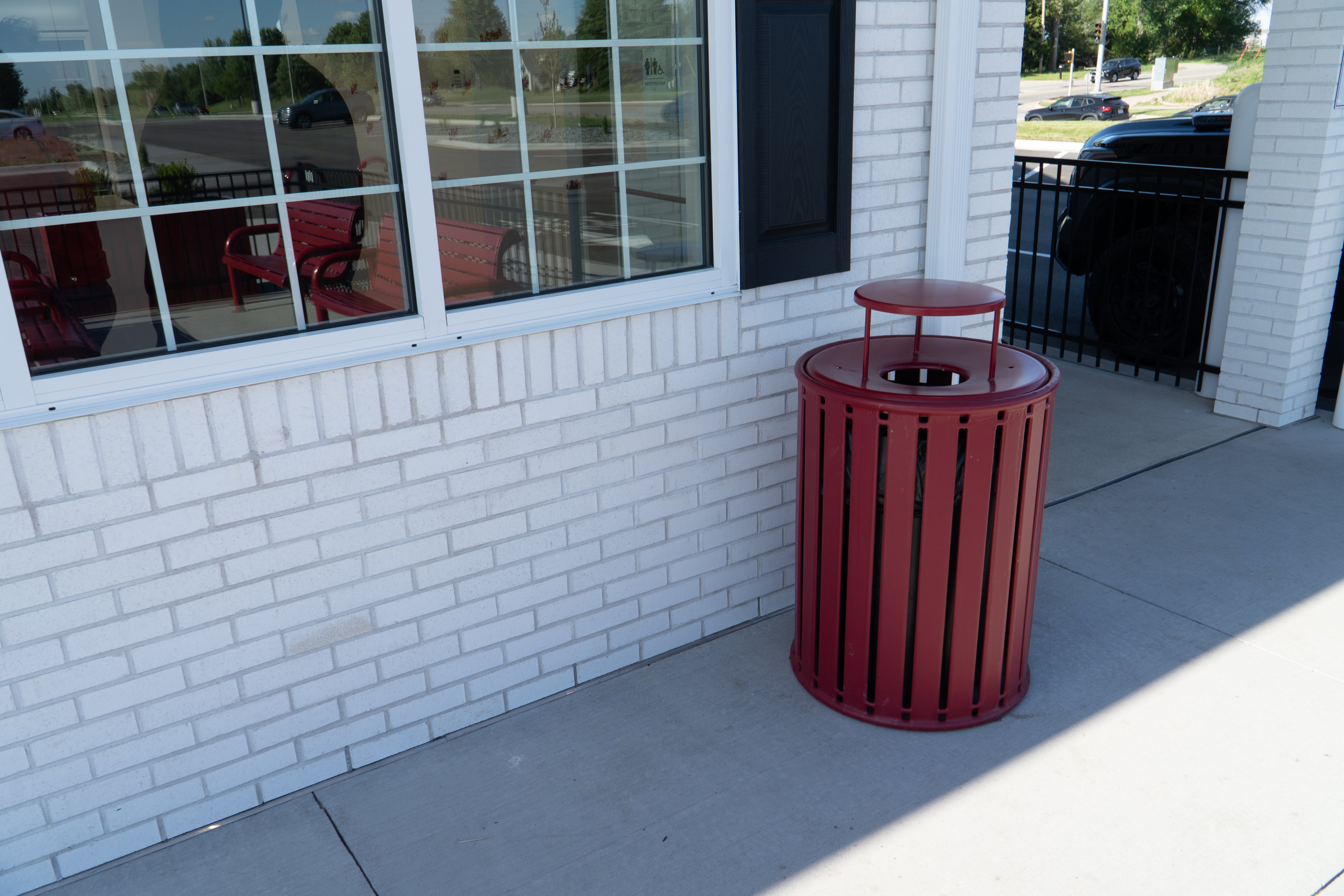 Red Wabash Valley Signature Slatted Commercial Trash Receptacle with Bonnet Top Lid