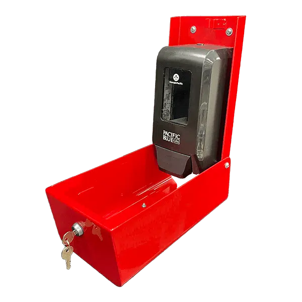 Red wall-mounted hand sanitizer dispenser box showing construction detail