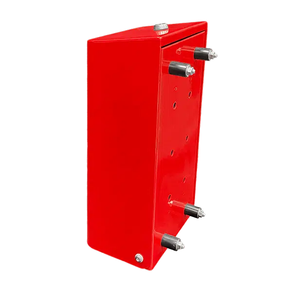 Red wall-mounted hand sanitizer dispenser rear view showing mounting configuration