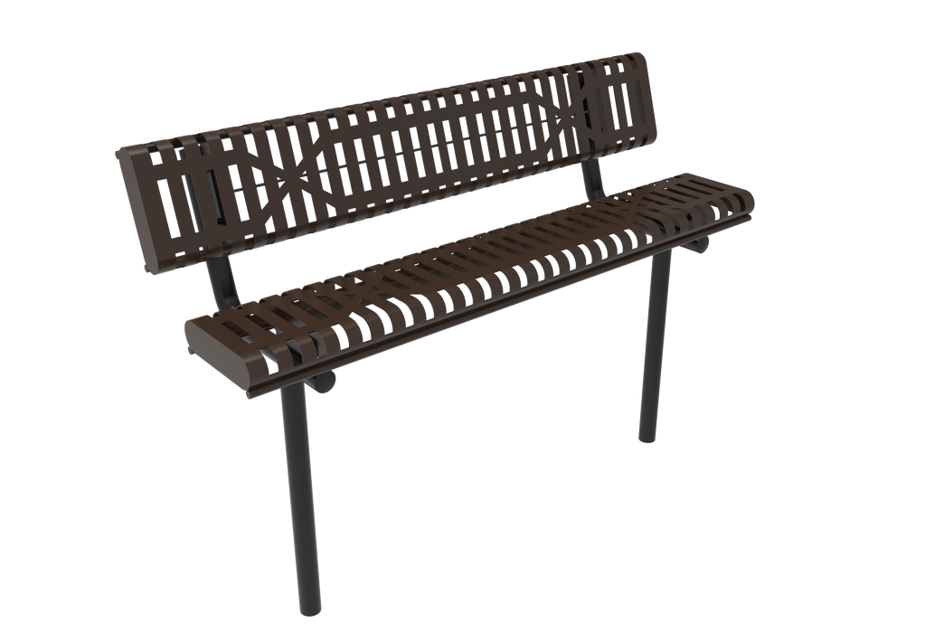 4' - 6' Bench with Back - Rolled Edges - Slatted Steel - Inground Mount