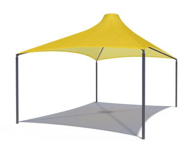 Yellow USA Shade Sahara Shade tent with gray ground cover on a white background