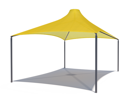 Yellow USA Shade Sahara Shade tent with gray ground cover on a white background