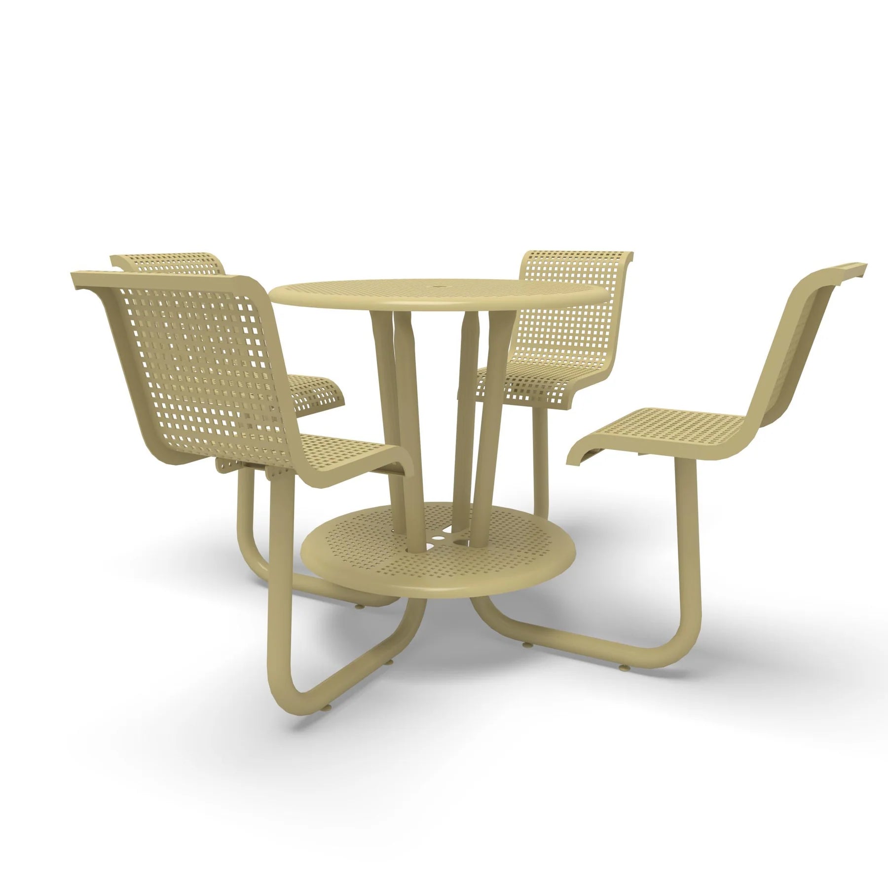 Sand Wabash Valley Camino Round Bar Height Table, perforated plastisol top at bar height, four seats with backs, foot ring, portable, model CM225Q, outdoor pub table