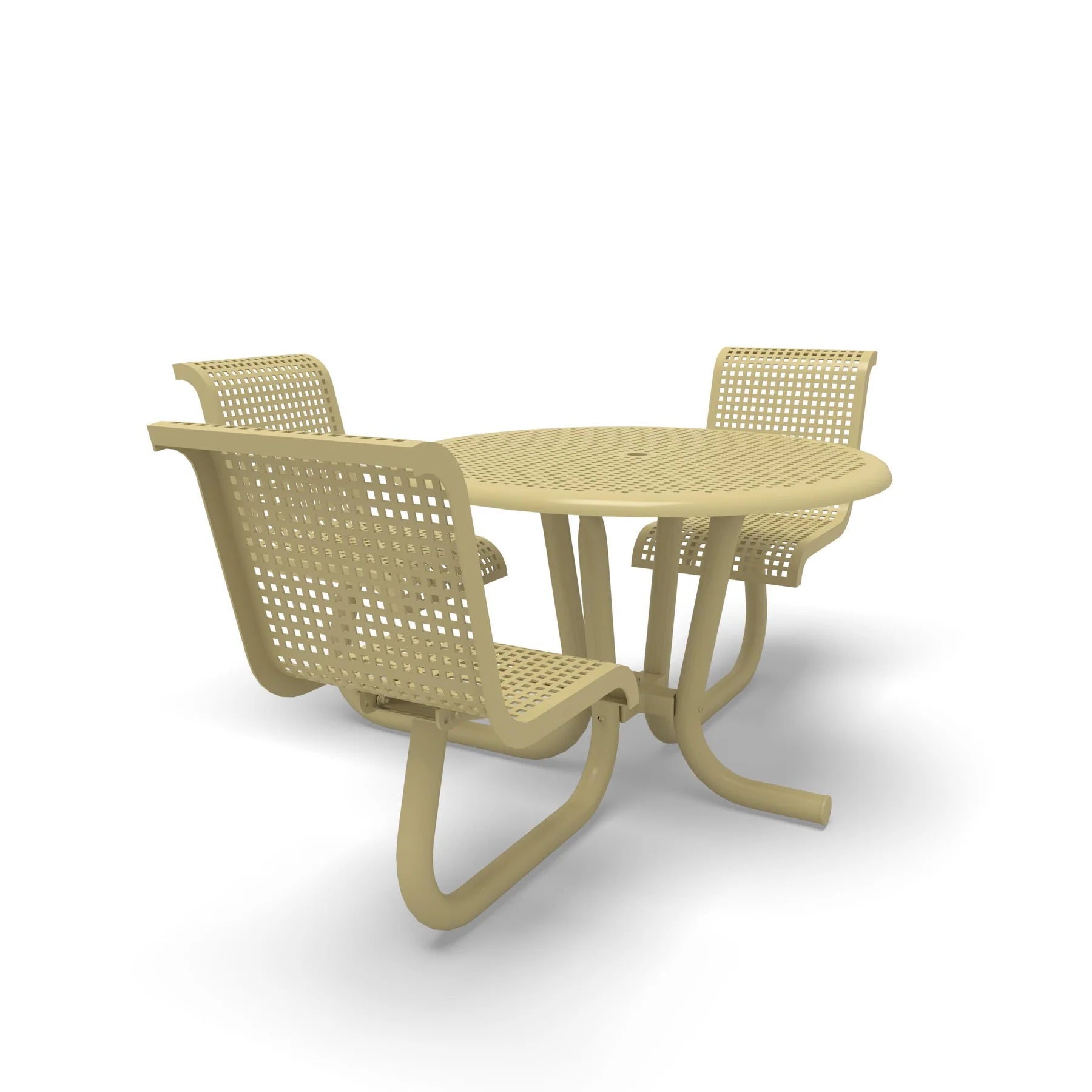 Sand Wabash Valley Camino Round Dining Table, ADA Accessible, perforated plastisol top, three seats with backs, wheelchair side, surface mount, model CM230Q, ada dining table