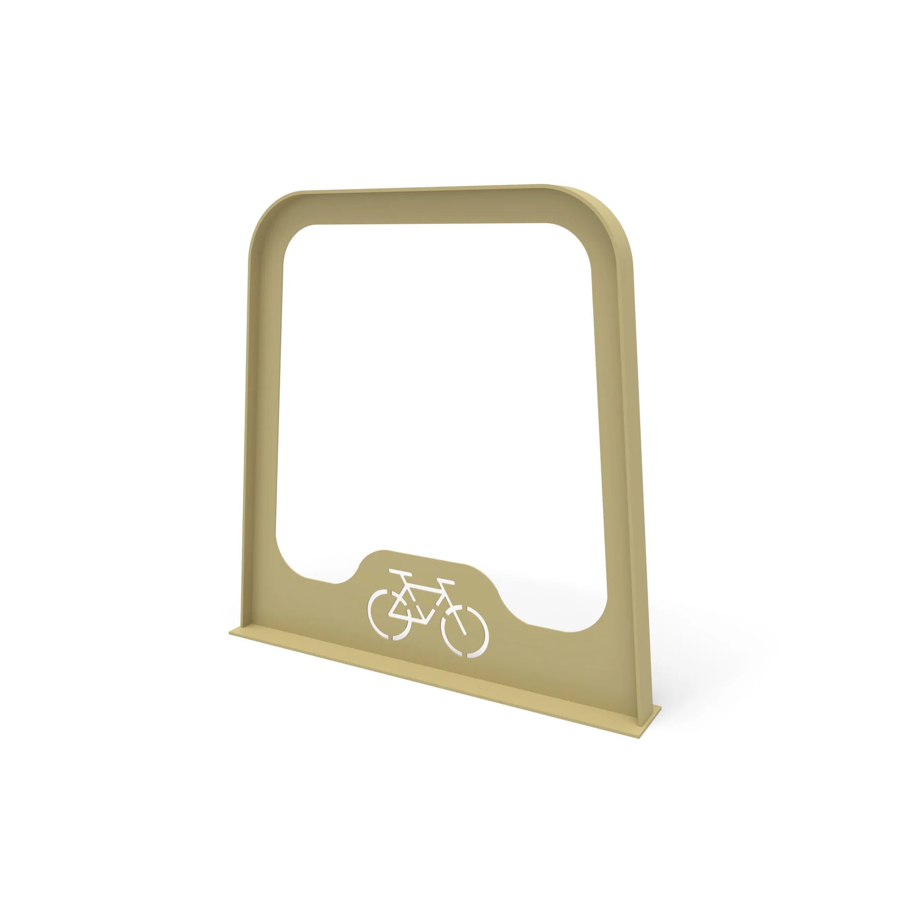 Angled view of a Sand Wabash Valley Designer bike rack showing the surface mount base plate and 4 inch footprint