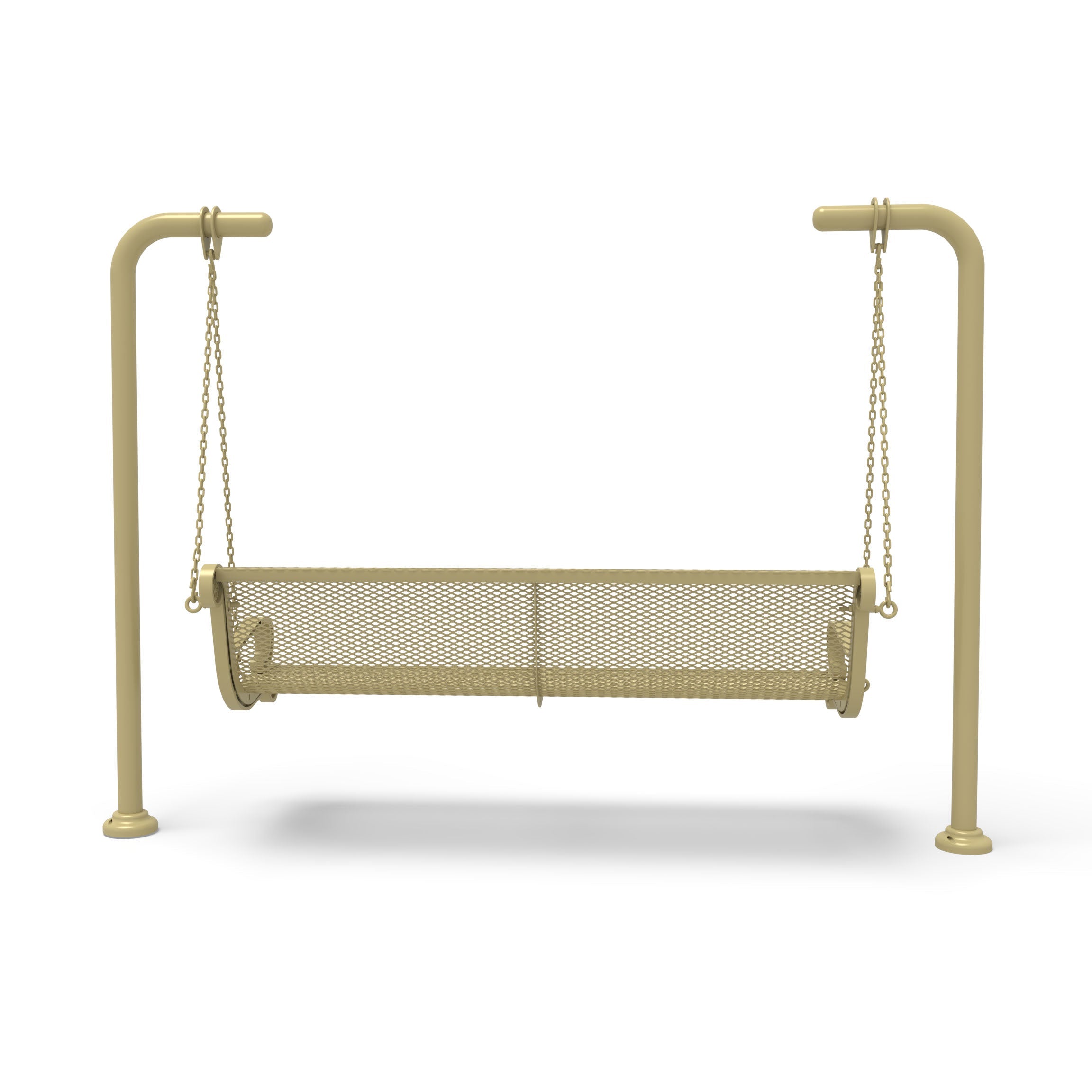 Sand Wabash Valley Estate Diamond Swing Bench, back view, plastisol-coated steel seat on inground posts, hanging bench swing on chains