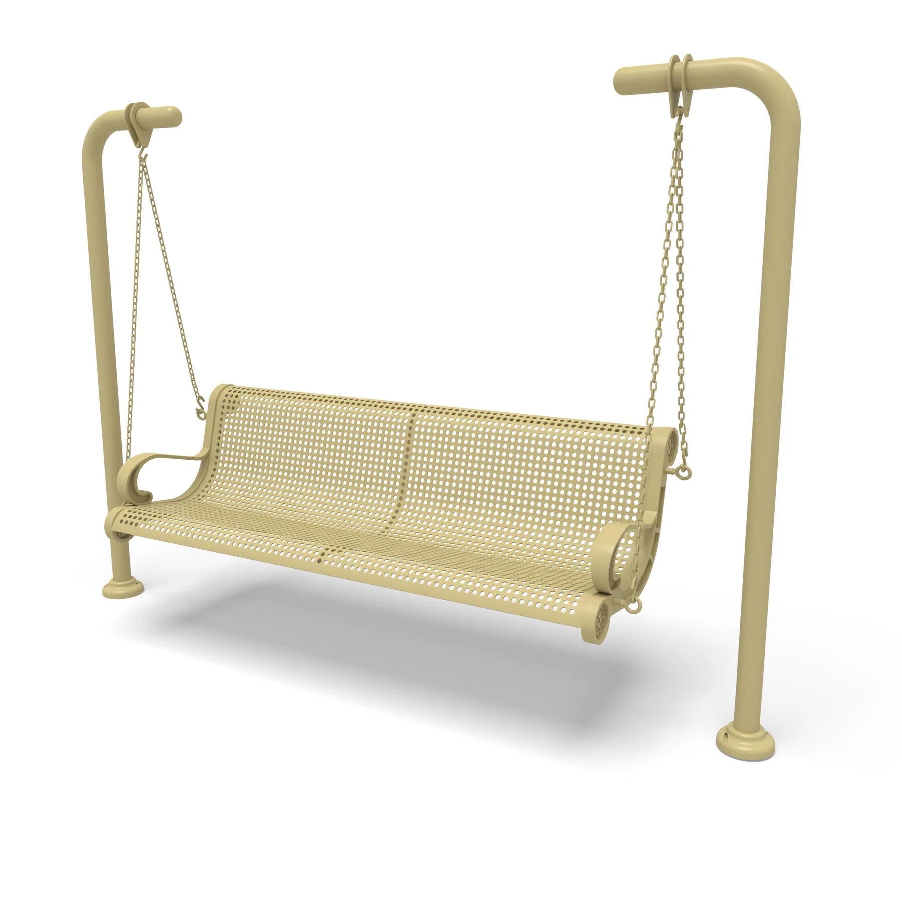 Sand Wabash Valley Estate Perforated Swing Bench, plastisol-coated steel seat on inground posts, metal swing bench