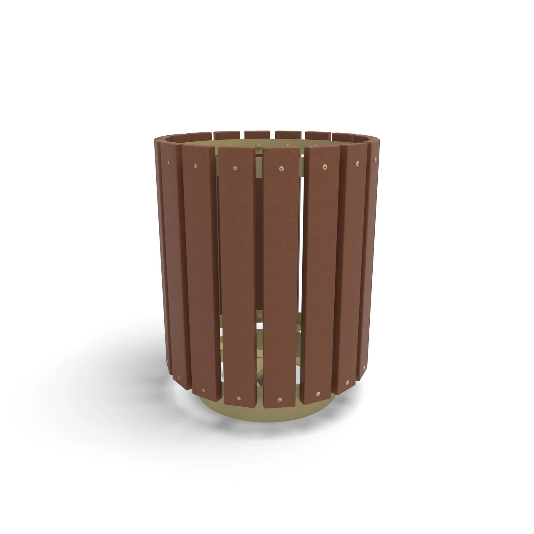 Sand Wabash Valley Rinnova Trash Receptacle, Cedar Slats, recycled plastic planks on a sand powder-coated steel frame, model RV300G, trash can with liner