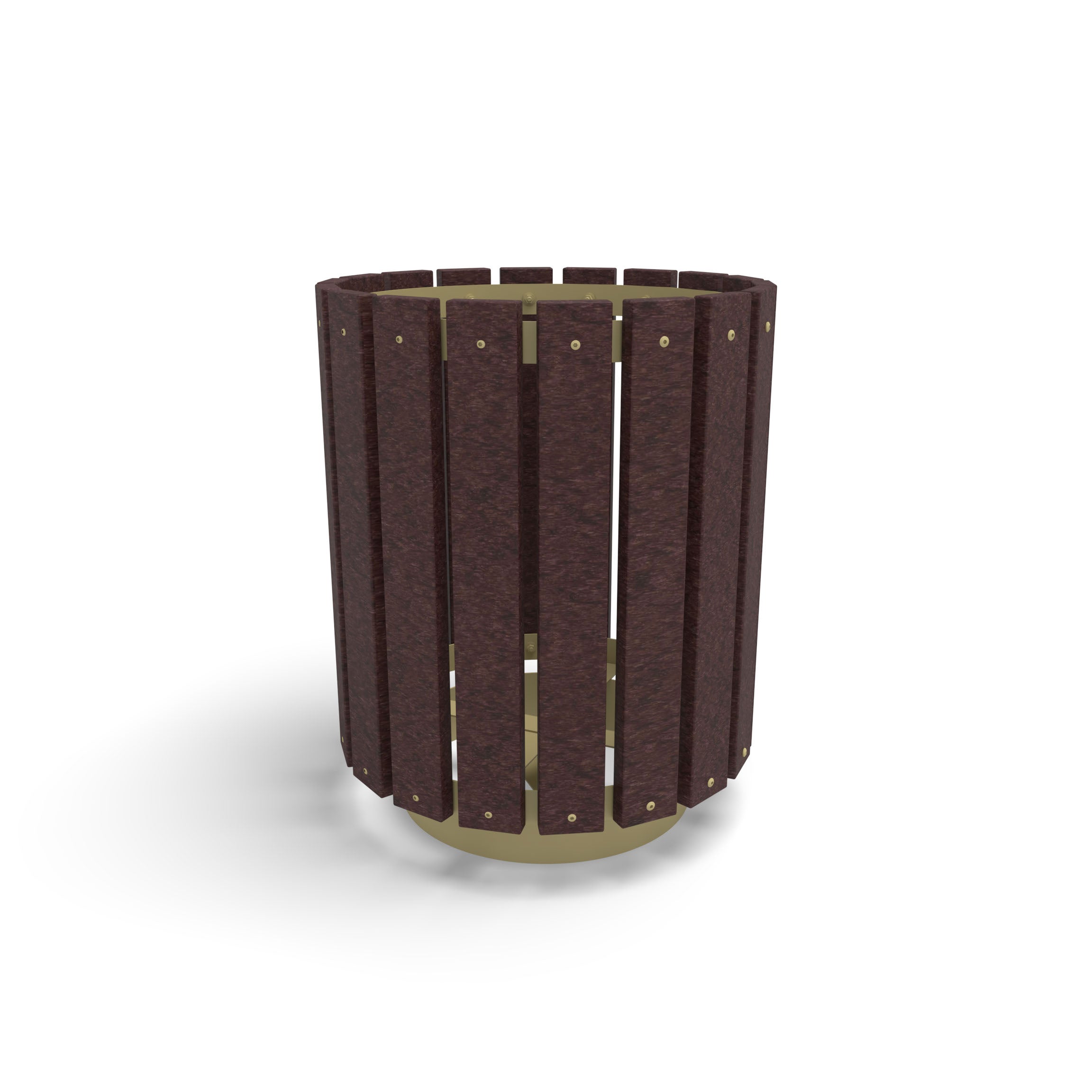 Sand Wabash Valley Rinnova Trash Receptacle, Milwaukee Brown Slats, recycled plastic planks on a sand powder-coated steel frame, model RV300G, trash can with liner