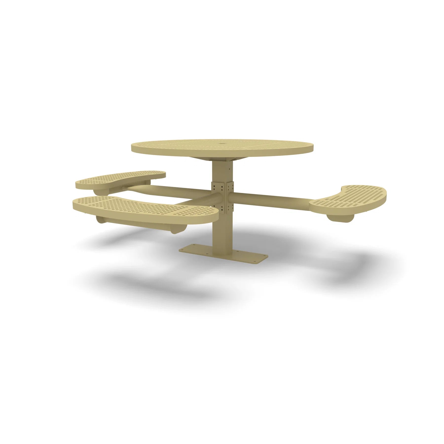 Sand Wabash Valley Signature Round Pedestal Picnic Table, Perforated, Standard - ADA Accessible - Surface Mount, in plastisol-coated steel, model SG249P, round outdoor metal table
