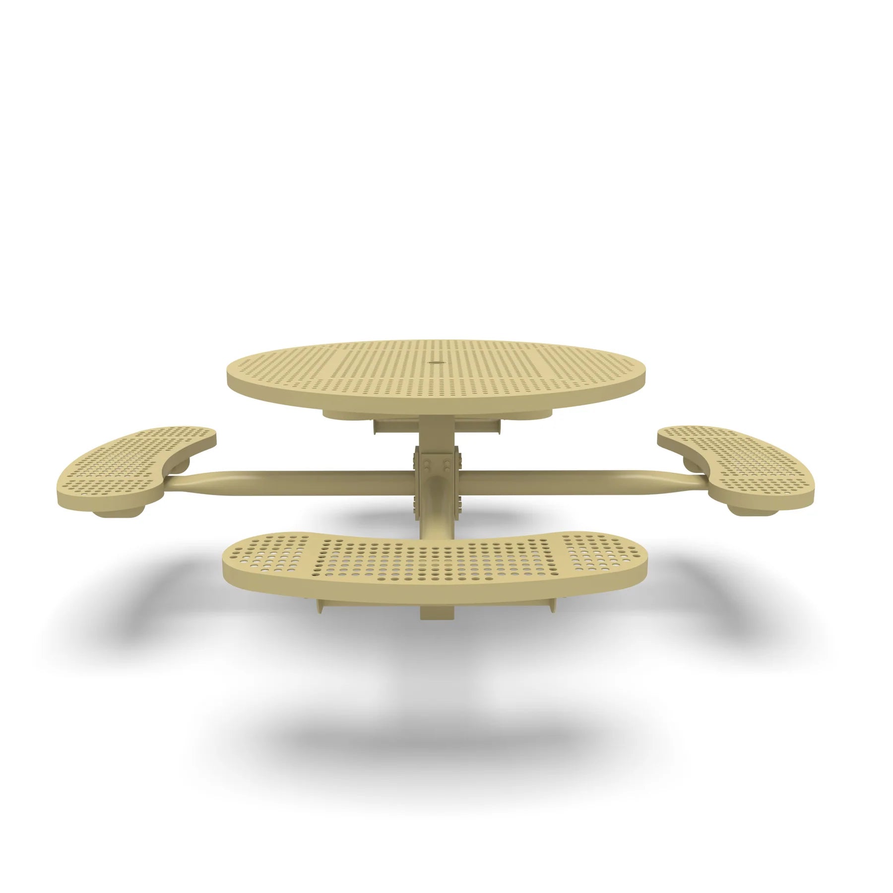Sand Wabash Valley Signature Round Pedestal Picnic Table, Perforated, Standard - 4 Seats - Inground, in plastisol-coated steel, model SG245P, outdoor cafe tables