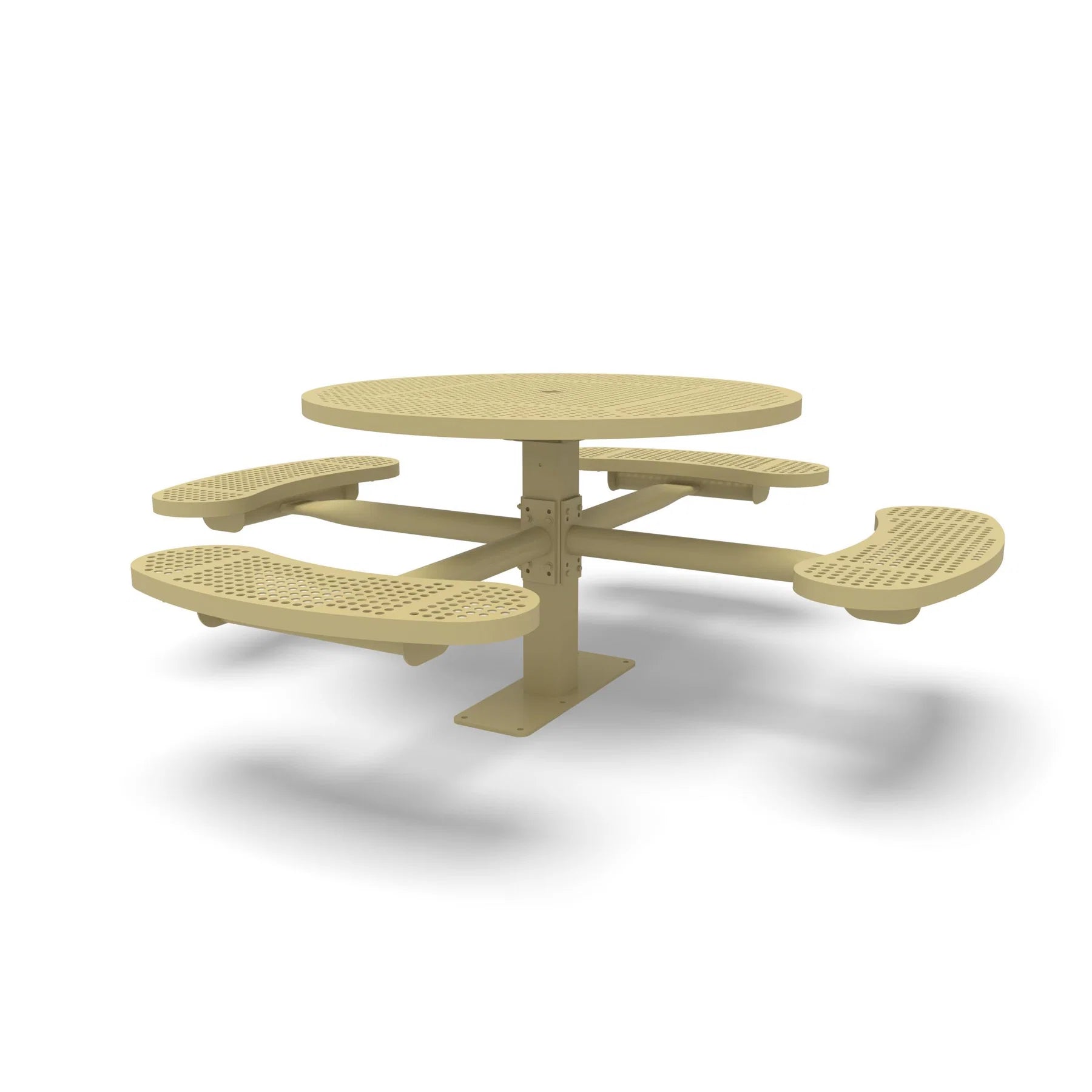 Sand Wabash Valley Signature Round Pedestal Picnic Table, Perforated, Standard - 4 Seats - Surface Mount, in plastisol-coated steel, model SG244P, round outdoor metal table