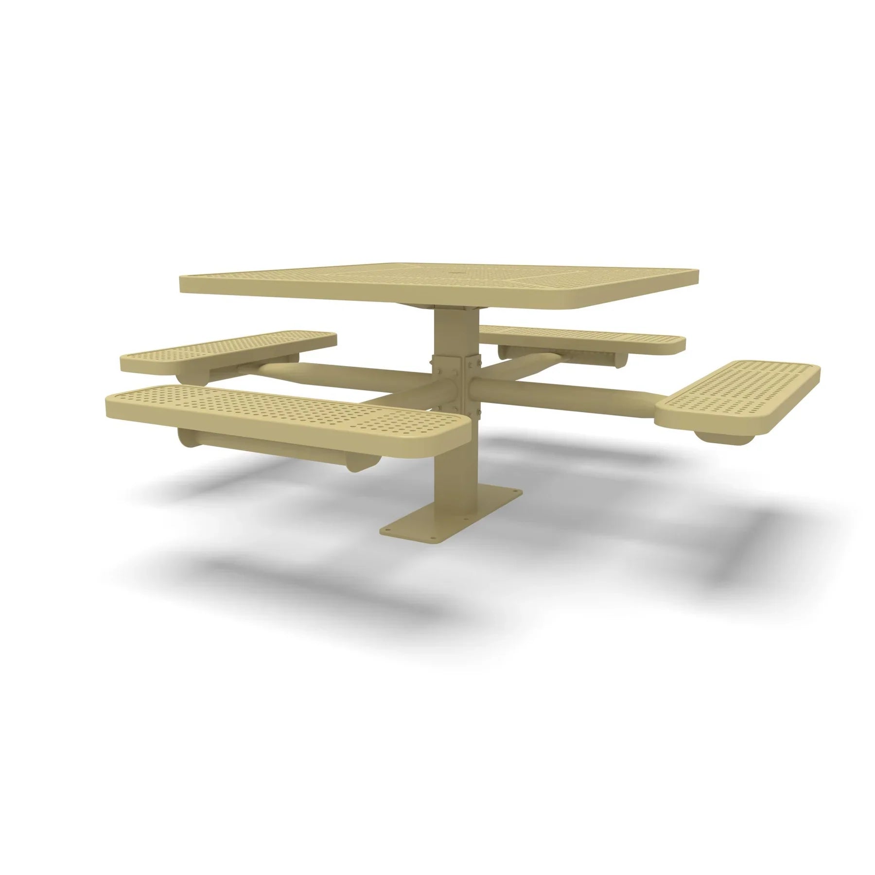 Sand Wabash Valley Signature Square Pedestal Picnic Table, Perforated, Standard - 4 Seats - Surface Mount - 46 Inch, in plastisol-coated steel, model SG229P, square outdoor dining table